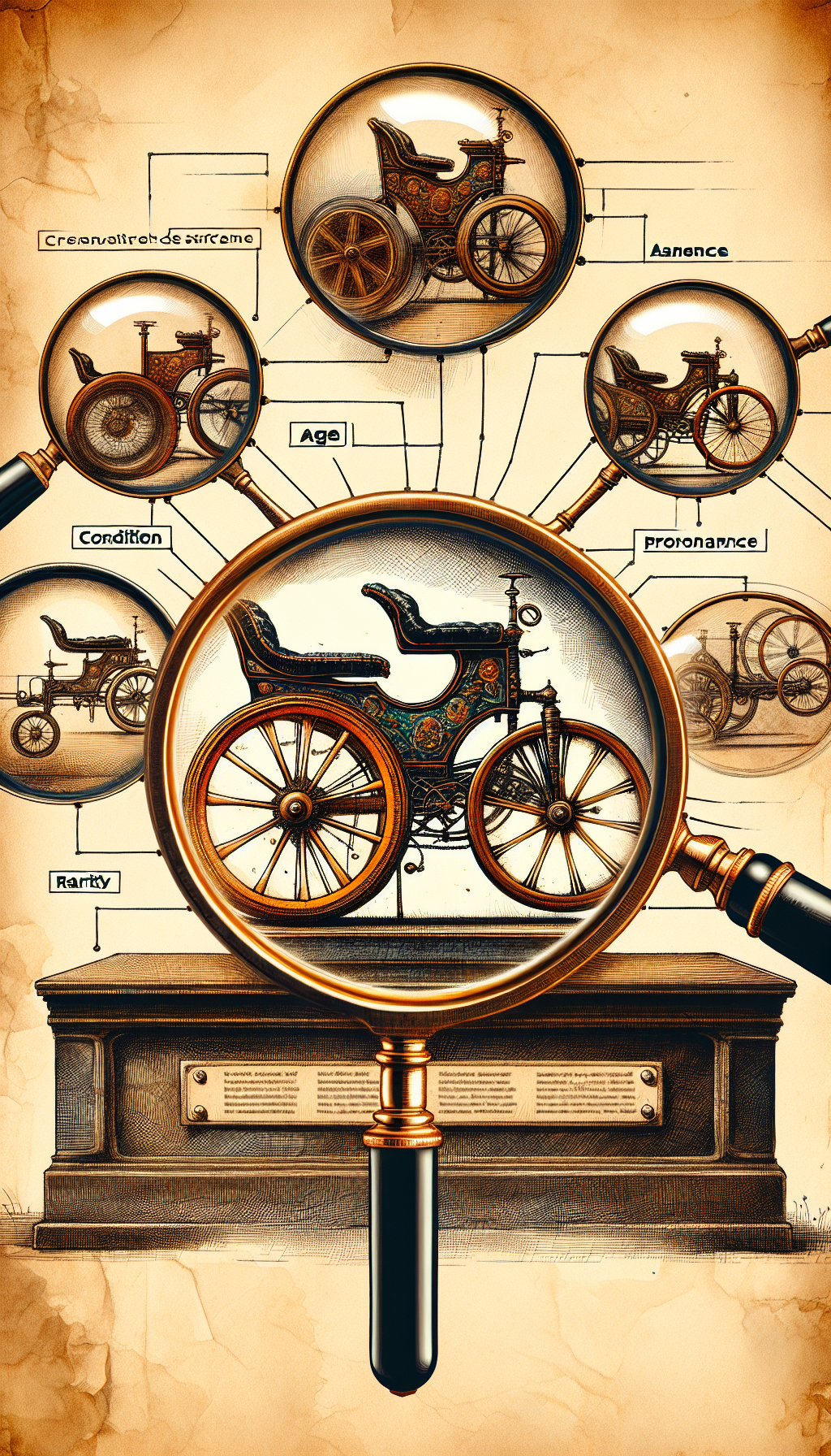 An illustration featuring an ornate antique tricycle presented on a pedestal, with magnifying glasses hovering over key aspects like the rustic frame, worn leather seat, and vintage wheels. Each magnifying glass reveals a golden glow, with text labels indicating "Age", "Condition", "Provenance", and "Rarity", symbolizing the factors that appraise the tricycle's value. The style transitions from sketchy outlines to vivid watercolors.