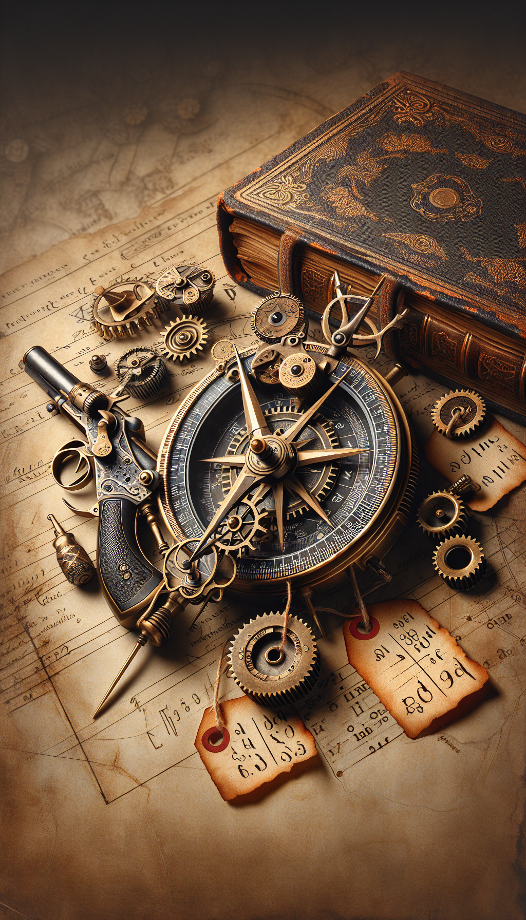 An intricate Steampunk-esque compass, with its needle pointing to a law book and a classic flintlock pistol, overlaid on parchment. Gears and scrolls surround the scene, while antique price tags dangle from the compass points. Each tag casts a shadow of different valuation figures, representing fluctuating market values in the nuanced field of antique gun collecting.