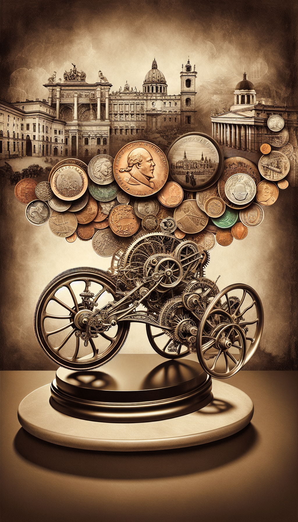 An illustration of a timeless, ornate tricycle perched on a pedestal, with its wheels transitioning into intricate gears that mesh with coins and banknotes, symbolizing the increasing value of antique models. The backdrop is a sepia-toned montage of historical landmarks, suggesting a journey through time, highlighting the tricycle’s heritage and desirability among collectors.