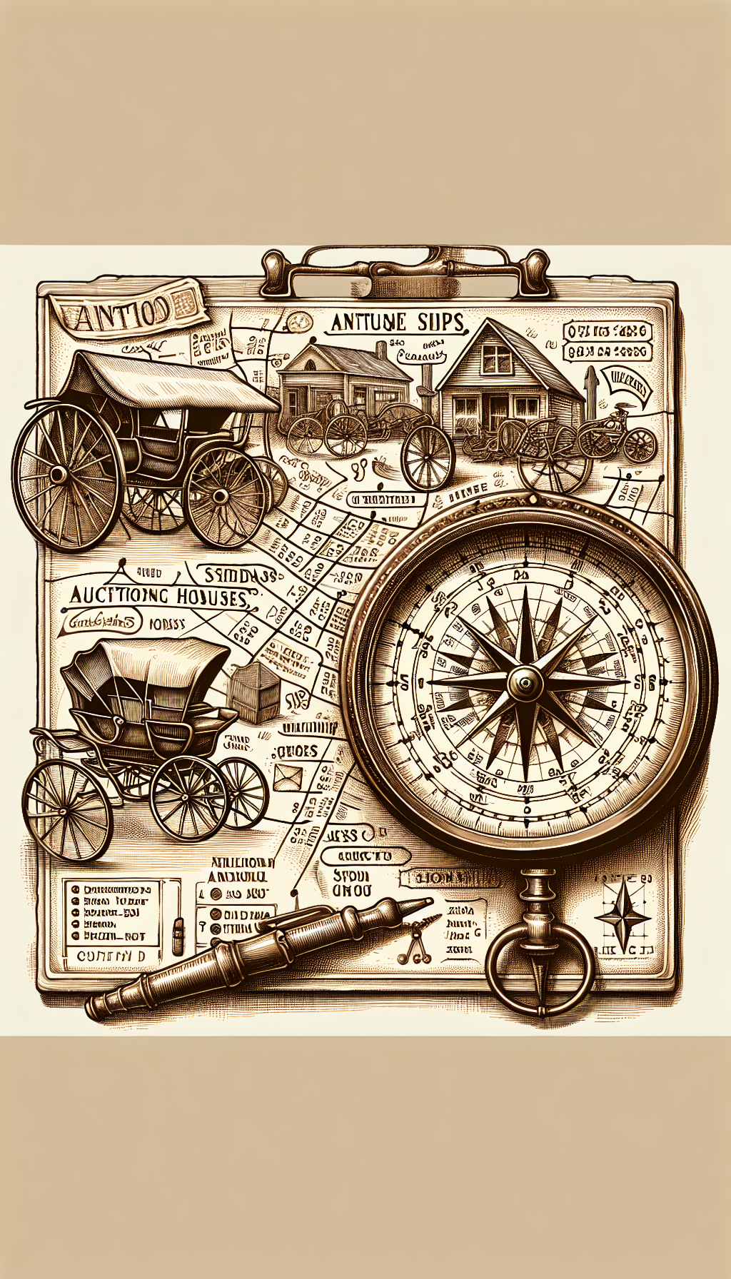 An illustration portraying a whimsical map dotted with vintage shops, auction houses, and garage sales, each marked by an intricate, classic tricycle that seems to beckon collectors. In the foreground, a large, ornate compass with symbols indicating price tags and condition grades guides the journey, highlighting the antique tricycles' value. The various elements blend in a sepia-toned, sketch-like style, evoking nostalgia and the hunt for hidden treasures.