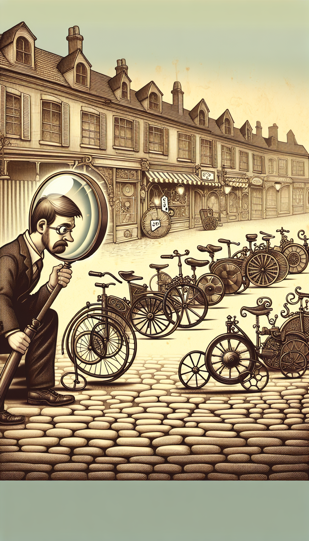 A sepia-toned illustration featuring a whimsical cobblestone street, with a diverse lineup of elegant, ornate antique tricycles, as if on parade, showcasing distinctive designs and eras. Each tricycle bears a price tag, subtly reflecting its value, while a character with an oversized magnifying glass examines them, symbolizing the meticulous nature of collectors in assessing the worth of historical treasures.