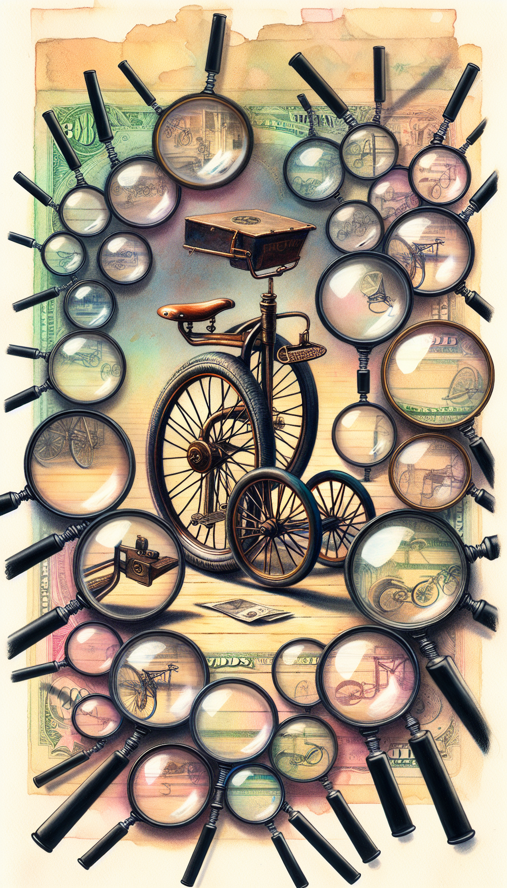An elegantly aged tricycle stands surrounded by magnifying glasses, each lens focusing on different parts such as the patina-finished pedals, the intricate spoke design, and the vintage logo, symbolizing careful evaluation. A gleaming price tag dangles from the handlebar, with a question mark indicating the assessed value, while in the background, a soft watercolor collage of currency bills hints at the tricycle's antique worth.