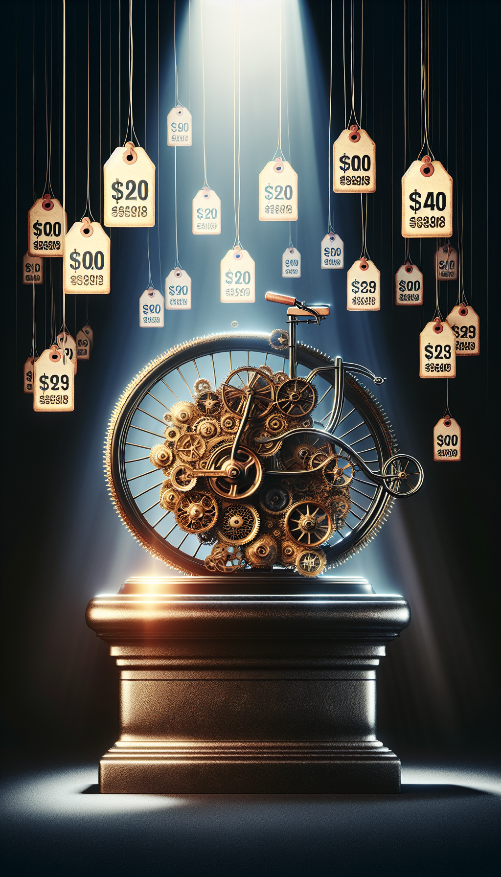 The illustration depicts a gleaming antique tricycle showcased on a pedestal, with rays of light casting spotlights upon it. It's framed by an intricate gear border, symbolizing its vintage value, and in the background, whimsical price tags float like balloons, each tag inscribed with hefty sums, subtly reflecting the high market values of these rare collectibles.