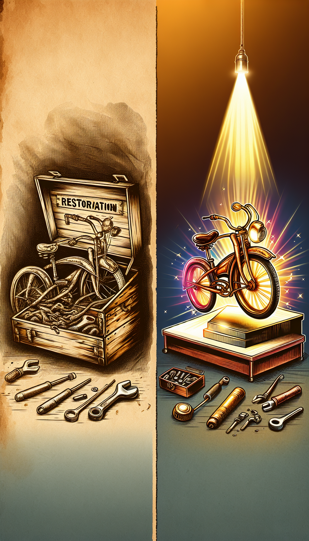 A split-frame illustration reveals a rusty antique tricycle evolving into a polished gem. On the left, dilapidated parts emerge from a "Restoration" toolbox; on the right, the restored tricycle sits atop a pedestal with a shining price tag, under a spotlight. Styles range from sketchy, sepia-toned outlines to glossy, vibrant colors, symbolizing the transformation and escalating value.
