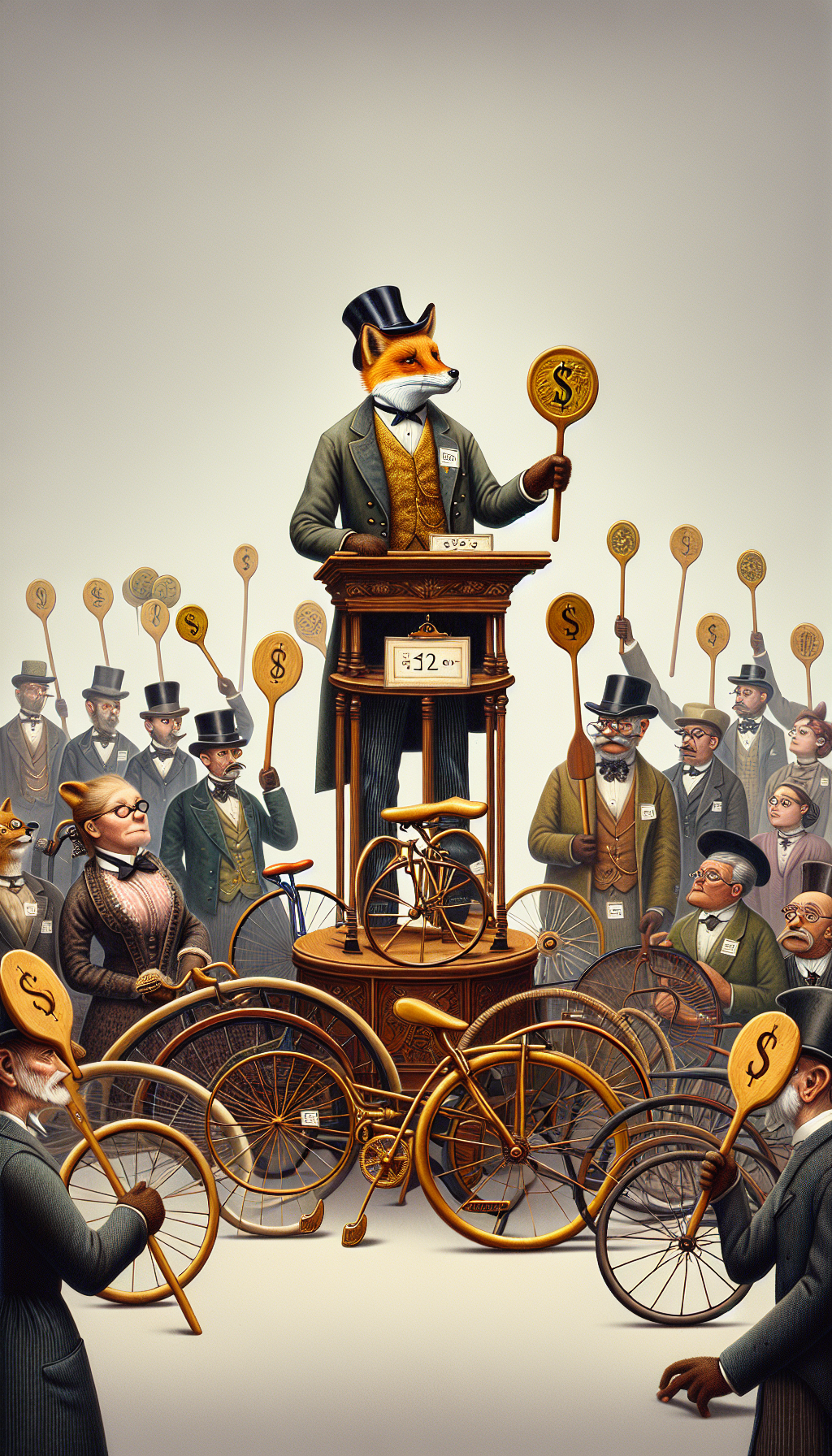 An elderly, distinguished-looking fox in vintage clothing holds an auctioneer's gavel atop a podium made of stacked antique tricycles. Each tricycle showcases a price tag with various hefty sums, while animated, refined characters of different eras fervently bid, holding up paddles with cash and gold coins. The scene blends Victorian flair with comic art, accentuating the timeless value of antique tricycles.