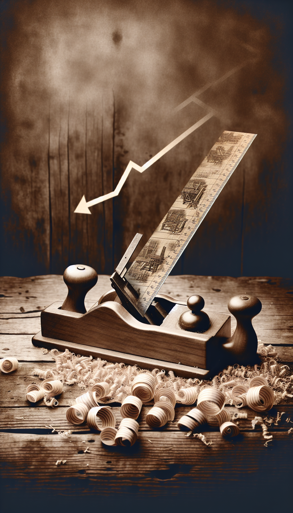 A sepia-toned illustration depicts an antique wood planer resting on an old, scuffed carpenter's bench, with a semi-transparent overlay of historical scenes etched into its blade, suggesting reflections. Next to it, a rising graph made of wood shavings implies the increasing value of such antiques, blending the warmth of woodworking heritage with the analytical edge of collectible appreciation.