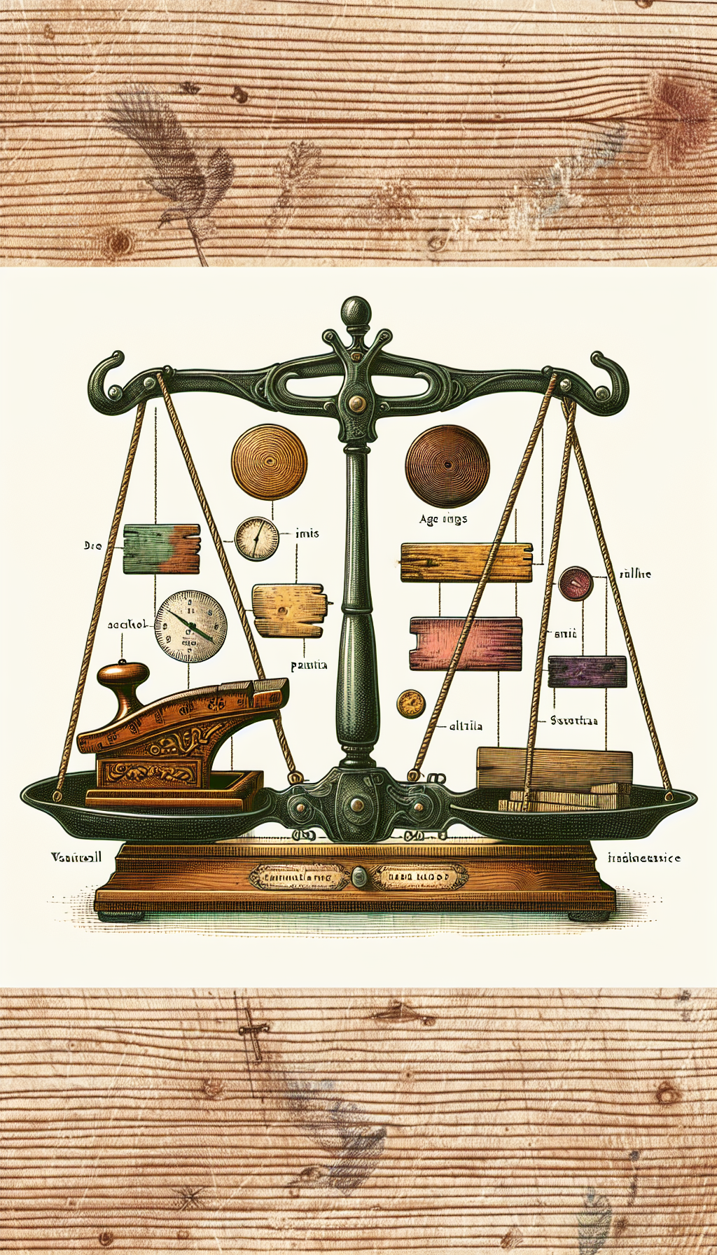 A whimsical balance scale illustration, with one side holding an elegant antique wood planer, and the other various illustrated factors like age rings, patina swatches, and a branded label for 'historical significance'. Each factor dangles on strings from the scale, highlighting their weight in determining the planer's value, blending vintage engraving and colorful watercolor styles to differentiate the elements.