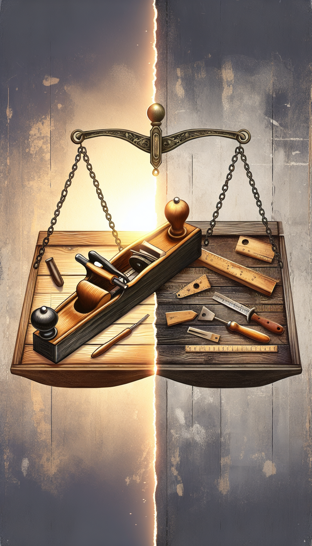An illustration split down the middle, with one half showing a vibrant, restored antique wood planer with a glossy finish and price tag depicting high value. The other half displays an original, rustic planer with visible wear and a contrasting price tag, subtly implying its worth due to untouched authenticity. Above, a balance scale compares both, symbolizing the delicate valuation between restoration and originality.