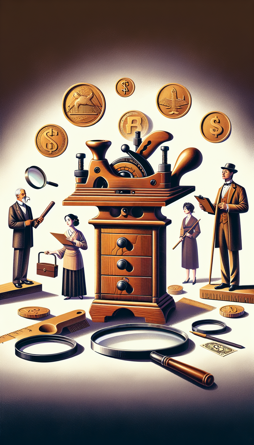 An illustration depicts an antique wood planer perched atop a pedestal, surrounded by magnifying glasses and various wooden coins symbolizing value, with expert collectors in classic attire examining it intently, each holding tools like an appraisal checklist, monocle, or auction hammer. Various currencies float in the background, subtly hinting at the fluctuating market values of these collectible tools.