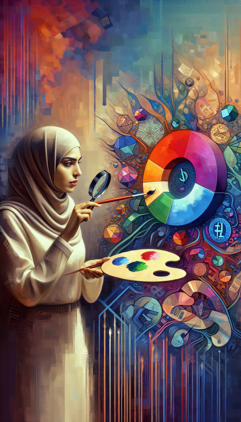 An illustration portrays an artist with a magnifying glass, scrutinizing a vibrant, abstract canvas that transitions into monetary symbols at the edges. The artist's palette is a pie chart, alluding to market segments, as the brush in her hand gently balances a scale, symbolizing the delicate art of valuation. Styles range from realistic to impressionist, capturing the essence of appraisal art.