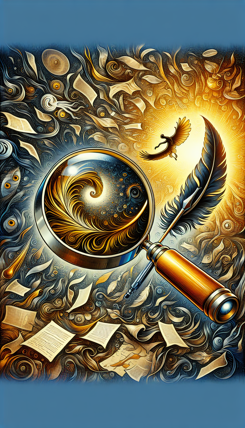 An intricate illustration depicting an art detective magnifying glass morphed into an elegant, flourishing quill pen; through its lens, detailed brushstrokes unfurl into a shimmering, authenticated masterpiece valuation tag. The chaotic background transitions seamlessly from analytical fingerprints to glowing, golden words of praise, symbolizing the meticulous journey from art authentication to wholehearted appreciation.