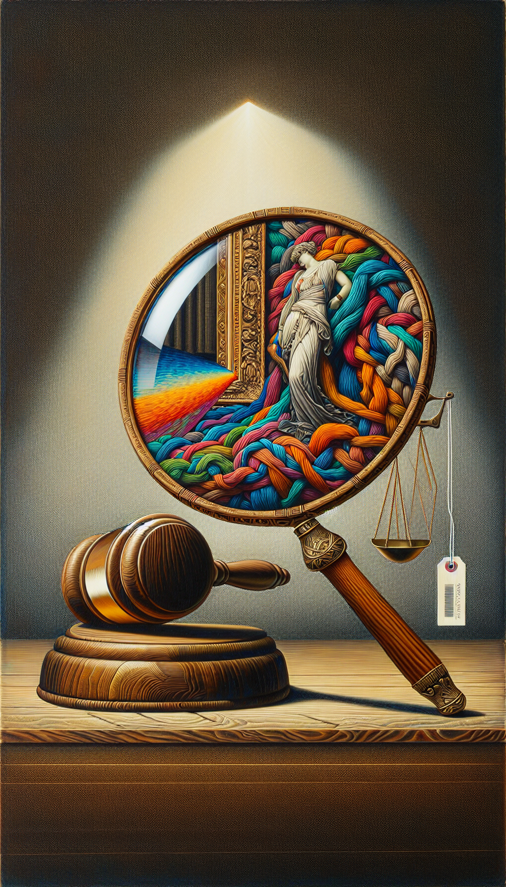 An intricately detailed magnifying glass hovers over a classic painting, its lens revealing a distinct contrast—the vividly colored fabric of rarity intertwining with grayscale threads of condition. Beneath, a gavel and an 'appraisal tag,' unite, symbolizing the art's valuation. The image seamlessly melds cubist and hyper-realistic styles, embodying the multifaceted nature of art appraisal.