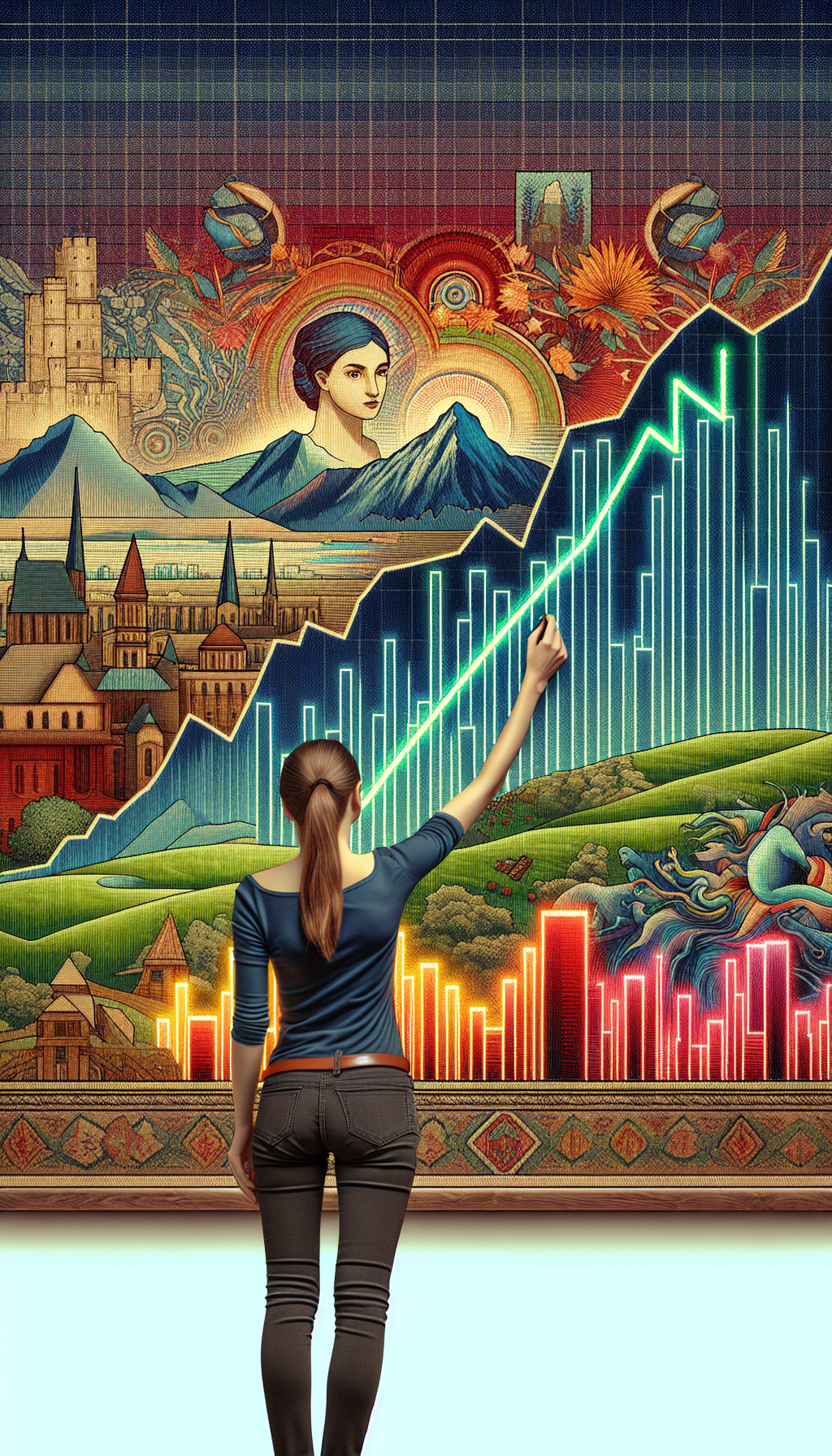 An illustration depicts an art appraiser evaluating a vibrant tapestry, which merges classic and modern artistic motifs. The tapestry illustrates a graph with ascending values over historical landscapes, seamlessly transitioning into futuristic city skylines, symbolizing the market trends influencing art's valuation.