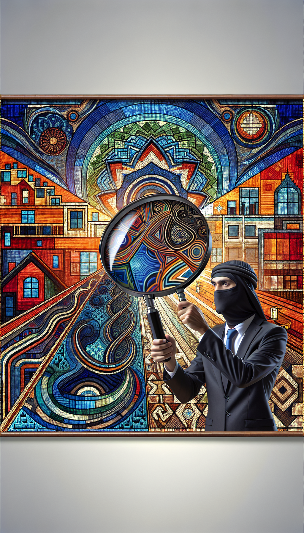 An illustration showcasing a professional appraiser using a magnifying glass to inspect a vibrant, abstract tapestry of homes, jewelry, and artwork. Each thread of the tapestry transitions into a different appraisal art style—from photorealism to cubism—symbolizing the diverse expertise required for accurate evaluations, with the magnifying glass bringing clarity to the intricate value beneath the surface.