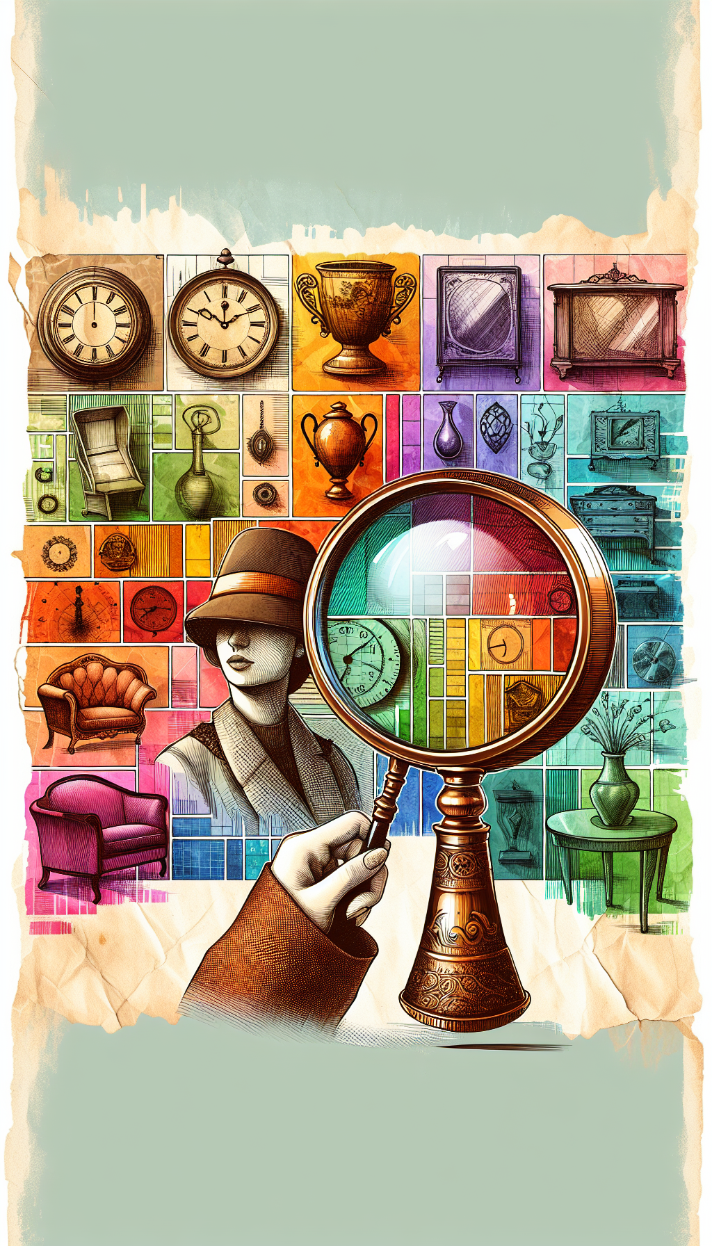 An illustration showing an antique magnifying glass hovering over a colorful, patchwork timeline, with classic items like a vintage clock, a vase, and furniture fading from sepia to vibrant hues, symbolizing their age being identified. In one corner, a thoughtful appraiser with a detective hat examines a piece, scribbling notes, blending the visual styles of sketch, watercolor, and digital art.