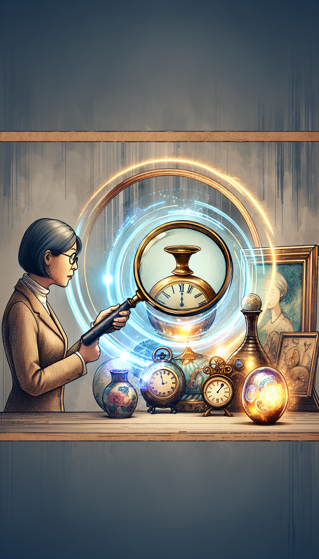 In the illustration, an antique magnifying glass hovers above a cluster of vintage objects—a clock, vase, and a painting—each glowing with a different intensity. The magnifying glass reveals the true value of each item with visible aura-like rings, while an appraiser with an expert eye nods approvingly in the background. The styles vary from sketchy lines for the objects to a watercolor backdrop.