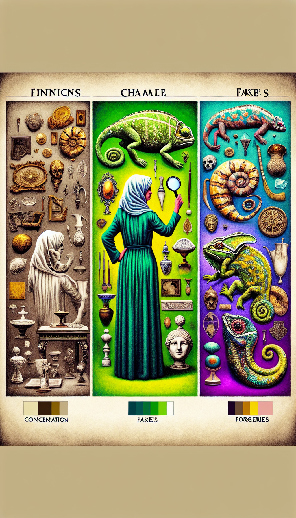 An illustration divided into three distinct vignettes, each with its own unique art style—classic realism for 'Findings', surrealist for 'Fakes', and abstract for 'Forgeries'. At the center stands an appraiser with a magnifying glass scrutinizing a chameleon, symbolizing the challenge of discerning authenticity in antiques, with the chameleon's skin mimicking patterns from each art style around it.