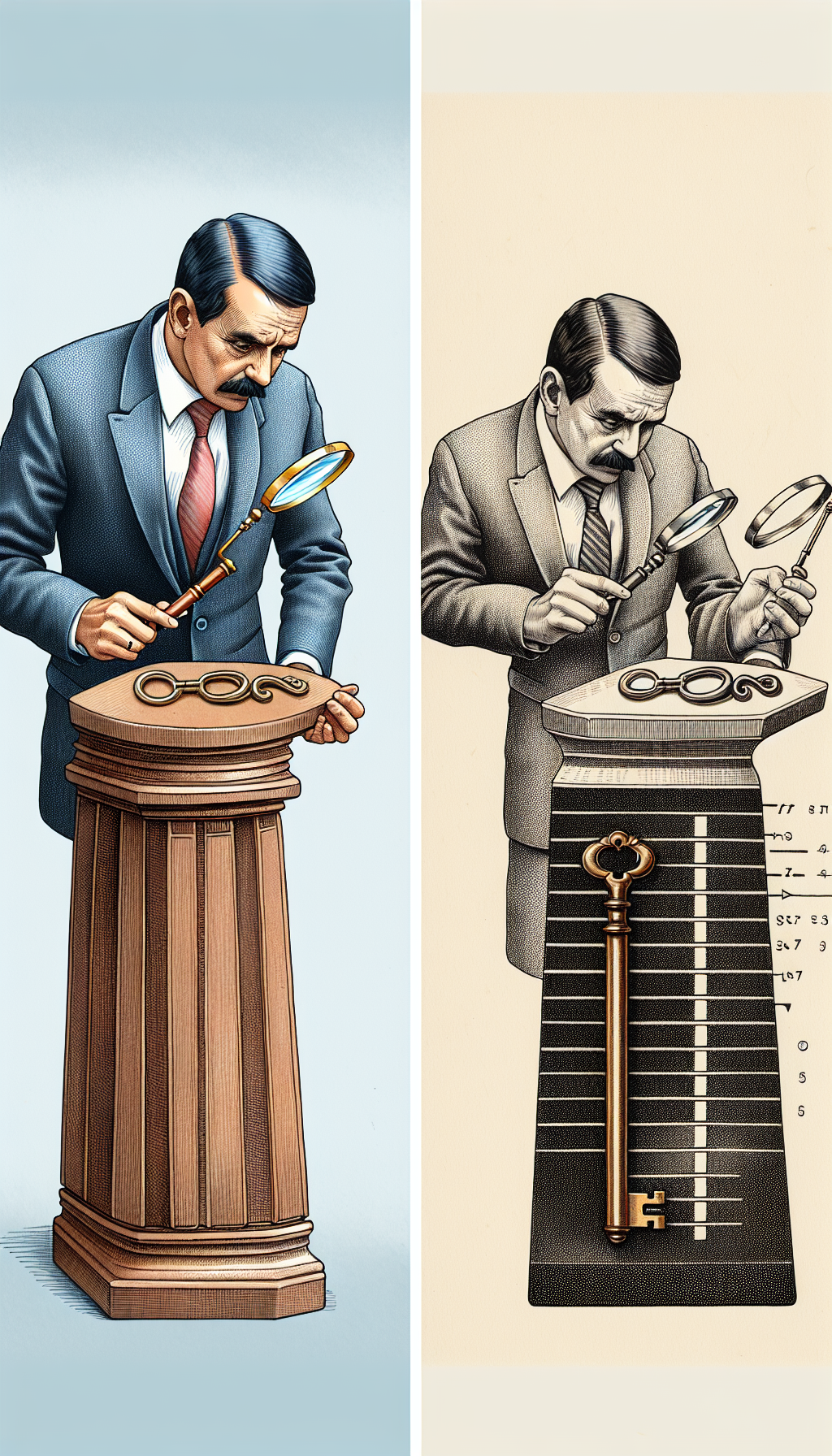 An illustration depicts an appraiser holding a magnifying glass up to a vintage key, resting on a pedestal with incremental lines that resemble a condition meter, each point highlighting different factors like 'wear', 'authenticity', and 'rarity'. The key morphs into pristine and tarnished versions of itself along the meter, visualizing how condition affects its value. The varying styles—from watercolor to line art—embrace the diversity of antiques.
