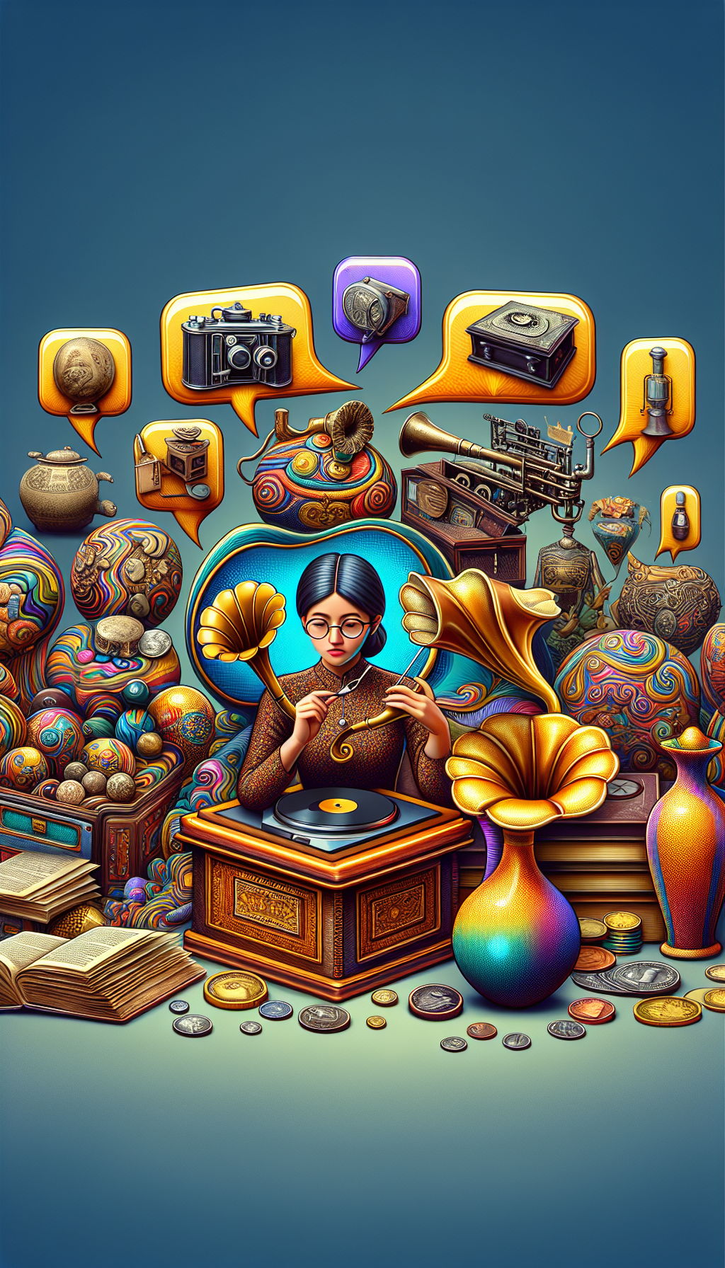 An eclectic mix of artfully skewed frames showcases an animated appraiser peering through a magnifying glass at a vibrant mosaic of antiques—a gramophone, a vintage camera, coins, a vase, and books—with each enclosing a golden tip text bubble, symbolizing the appraiser's insights into assembling a collection of value.