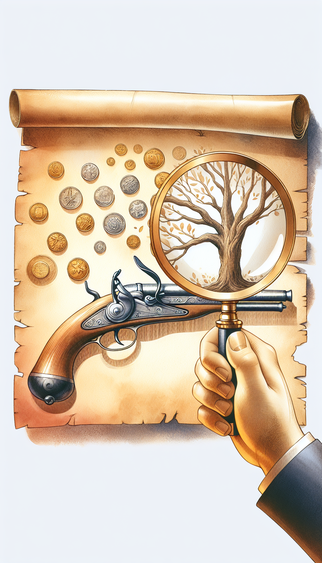 An illustration depicts a magnifying glass hovering over a timeworn scroll, where a classic flintlock pistol rests, its contour hinting at an age chart with growth rings like a tree's, each ring labeled with historical eras. Floating coins cast shadows on the parchment, symbolizing the firearm's value; the whole image subtly blending watercolor shades with crisp, golden line art details.