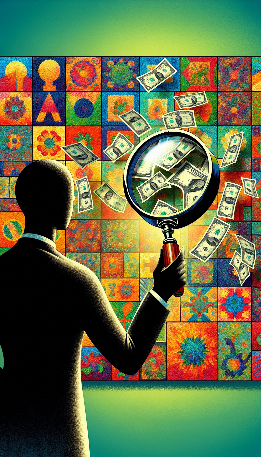 An illustration showcasing a magnifying glass peering over a vibrant patchwork of classic art pieces, where each patchwork piece transforms into crisp dollar bills upon closer inspection. The magnifying glass is held by a silhouetted figure, symbolizing the appraiser, with a subtle balance scale embedded in the glass, hinting at the valuation process inherent in artwork appraisal.