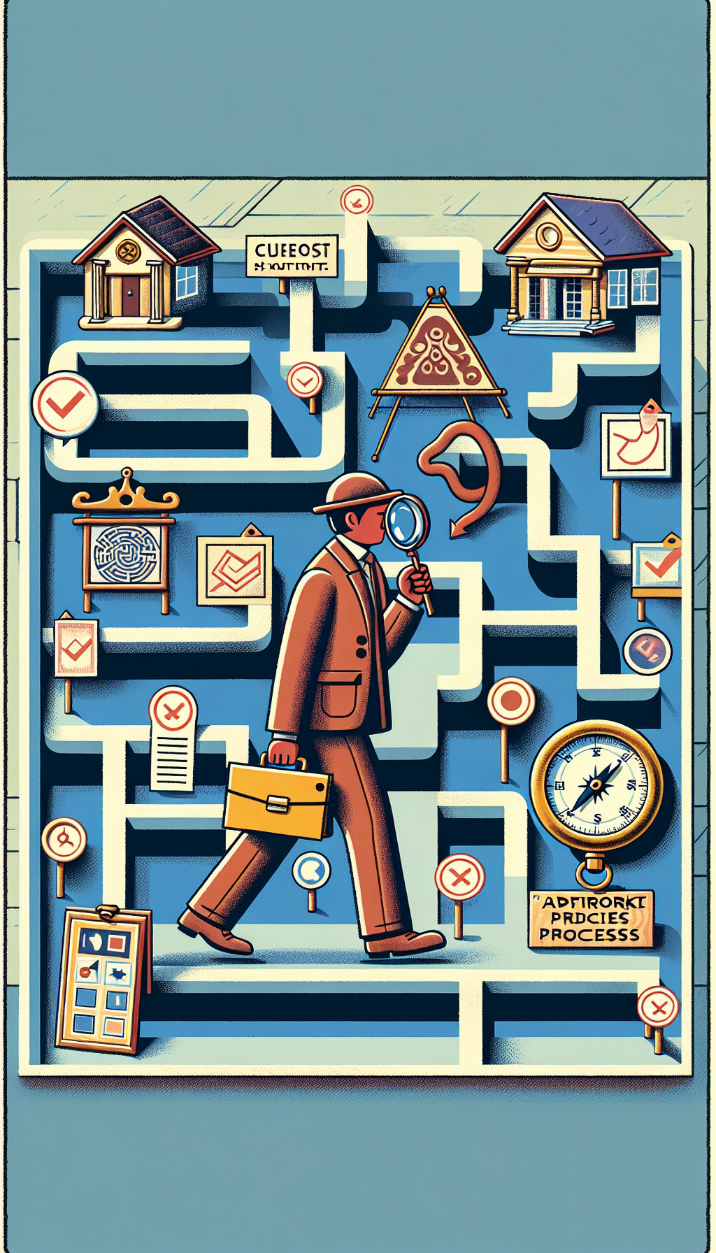 An illustration depicts a person in the guise of an explorer, armed with a magnifying glass and a checklist, navigating a labyrinth shaped like a home. Each turn reveals icons of art pieces with price tags and checkpoints labeled with appraisal steps, while a compass in the corner signifies 'Artwork Value' to guide the journey.