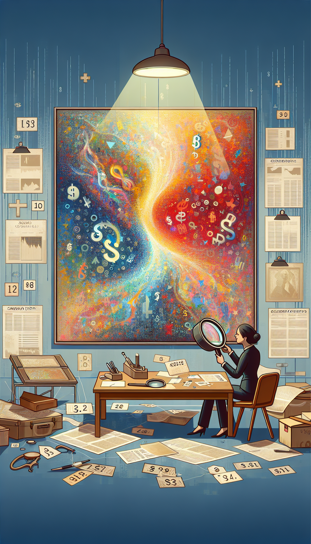 An illustration features an art appraiser with a magnifying glass examining a vibrant, abstract painting, various appraisal tools like condition reports and auction catalogs scattered around. The painting seemingly transitions into a shimmering mosaic of price tags and currency symbols, blending the artwork's intrinsic value with its market price – a visual metaphor contrasting the measurable with the immeasurable in art appraisal.