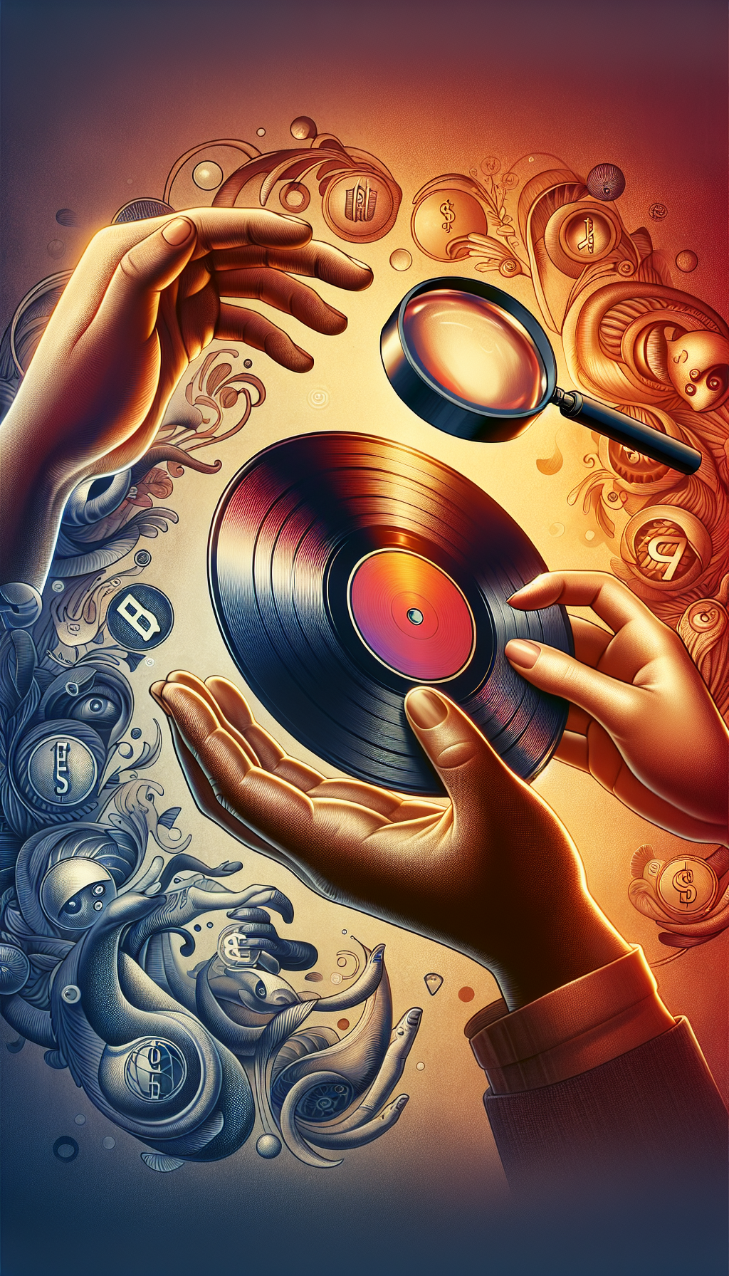 An illustration depicts a pair of hands gently cradling a vibrant, classic vinyl record, with a magnifying glass hovering above, inspecting for imperfections. It’s enveloped by a semi-transparent shield symbolizing protection, while in the background, stylized dollar signs merge into artistic flourishes, reflecting the intertwined concepts of preservation and appraisal.