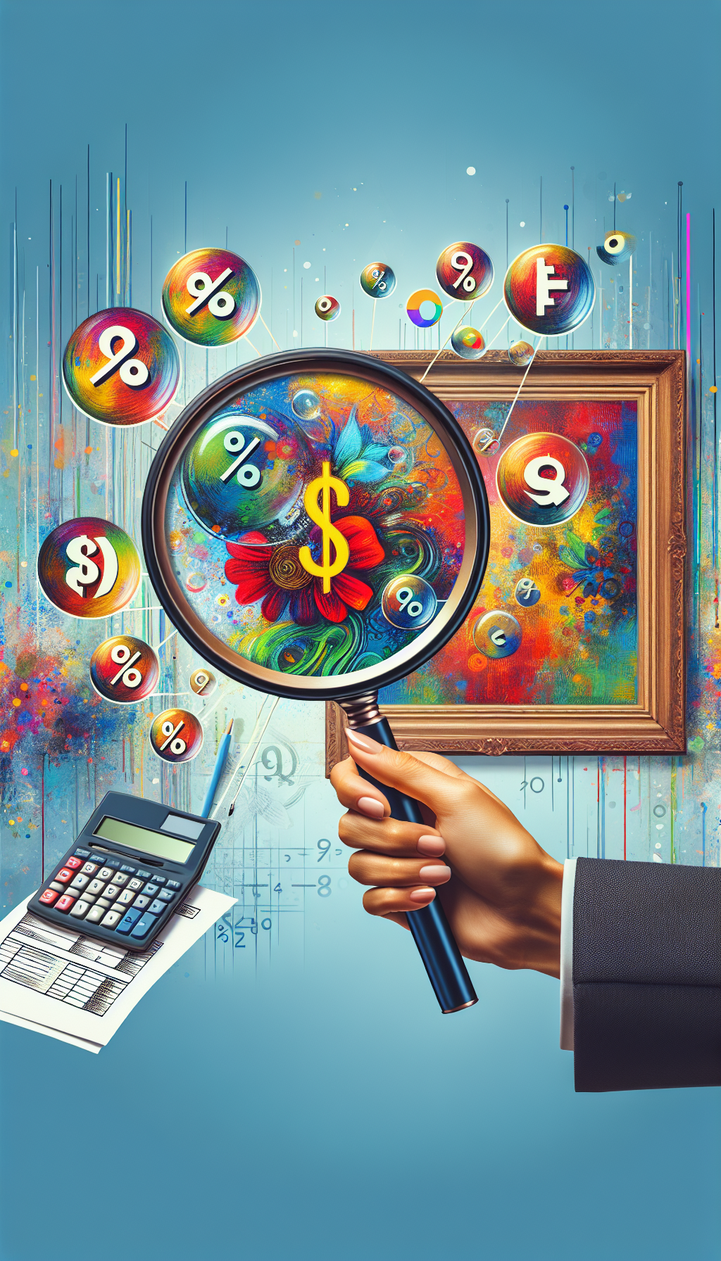 A whimsical illustration depicts a hand holding a magnifying glass over a vibrant, framed painting, with dollar signs, percentages, and grading letters appearing through the lens in a bubble-like fashion, symbolizing appraisal value. A calculator and an official appraisal document sit in the background, blending financial elements with the artistic theme to emphasize calculated valuation.
