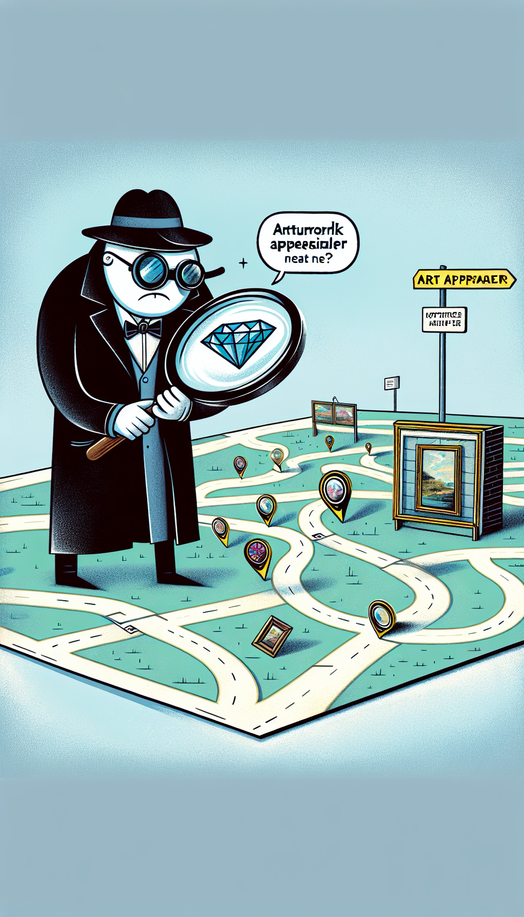A whimsical map dotted with magnifying glasses, each focused on a hidden gem representing local art pieces, while a stylish Sherlock Holmes character with an appraiser's eye loupe admires a painting nearby, a speech bubble with "Artwork Appraisal Near Me?" above. The map trails lead to a storefront labeled "Reputable Art Appraiser".