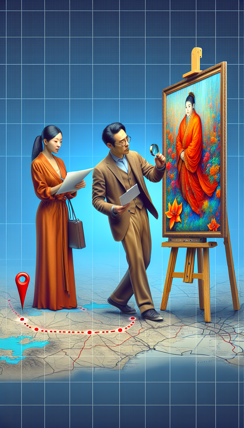 An art expert, with a magnifying glass in one hand, examines a vibrant painting on an easel while a curious collector looks on. A dotted line connects a map pin labeled "You" to the appraisal scene, creating the feel of a treasure map, showcasing the journey to an expert 'nearby'. The styles vary from realistic characters to a simplistic, symbolic map.