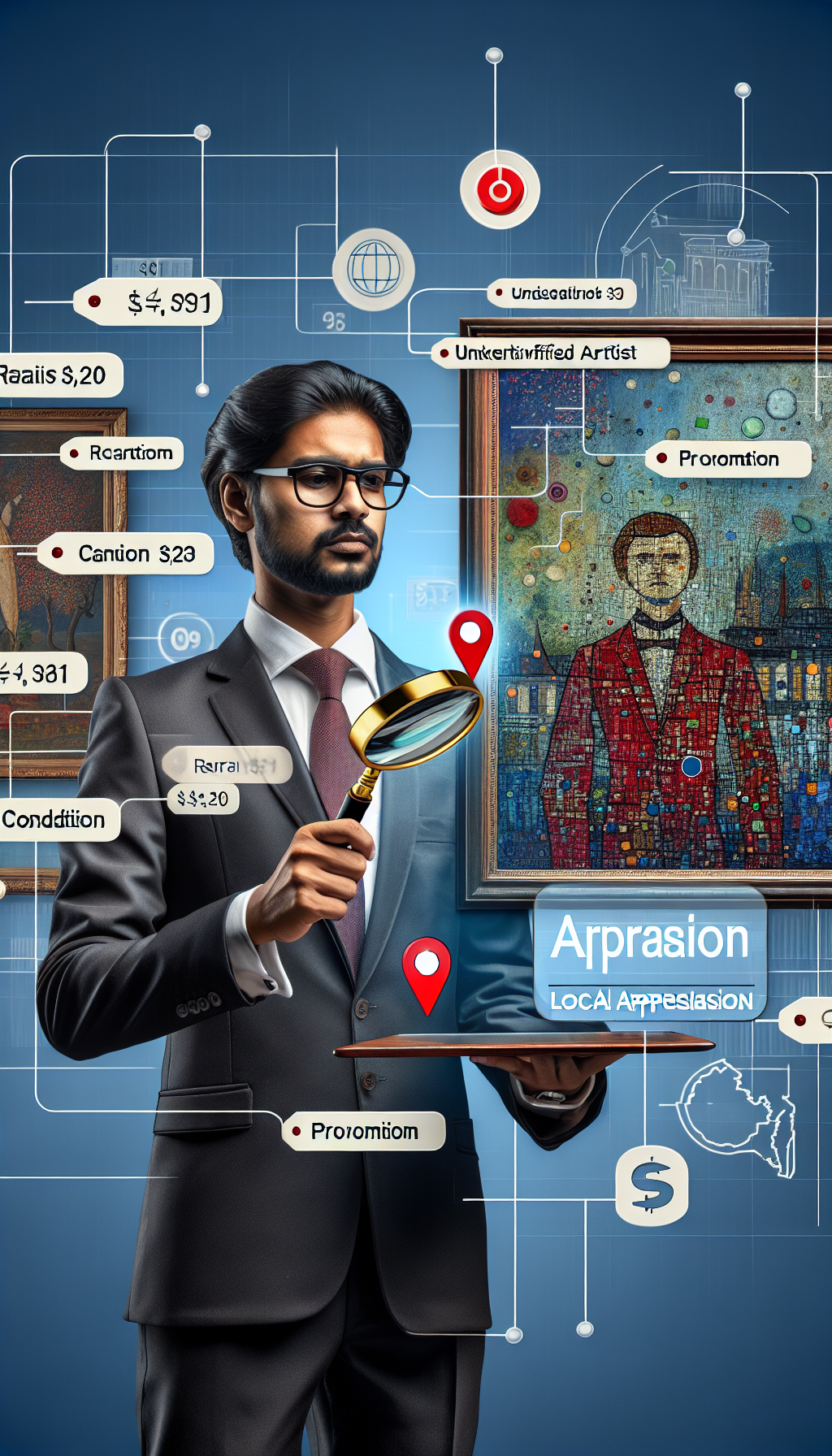 The illustration depicts an appraiser with a magnifying glass peering into a vibrant painting, where price tags float around key elements like rarity, artist, condition, and provenance. Nearby, a map pin symbol over a gallery hints at 'near me.' Styles range from realistic renderings to abstract representations within the artwork, signaling various valuation factors and local appraisal services.