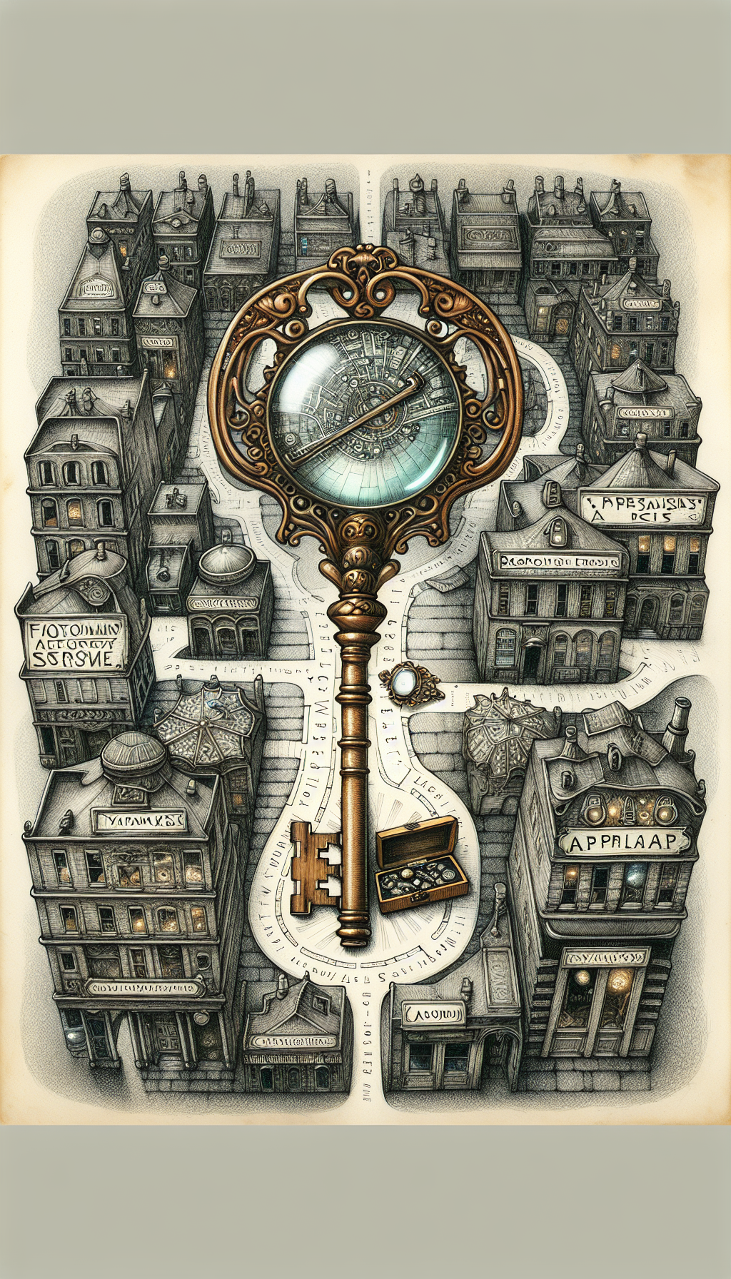 A whimsical steampunk-inspired key, ornately designed with a tiny magnifying glass handle, hovers over a hand-drawn map. Vintage storefronts dot the map’s winding streets, each labeled with different appraisal service names, while an ornate treasure chest filled with antique gems nestles at the illustration's center, highlighting the close proximity and essential nature of nearby appraisal services.
