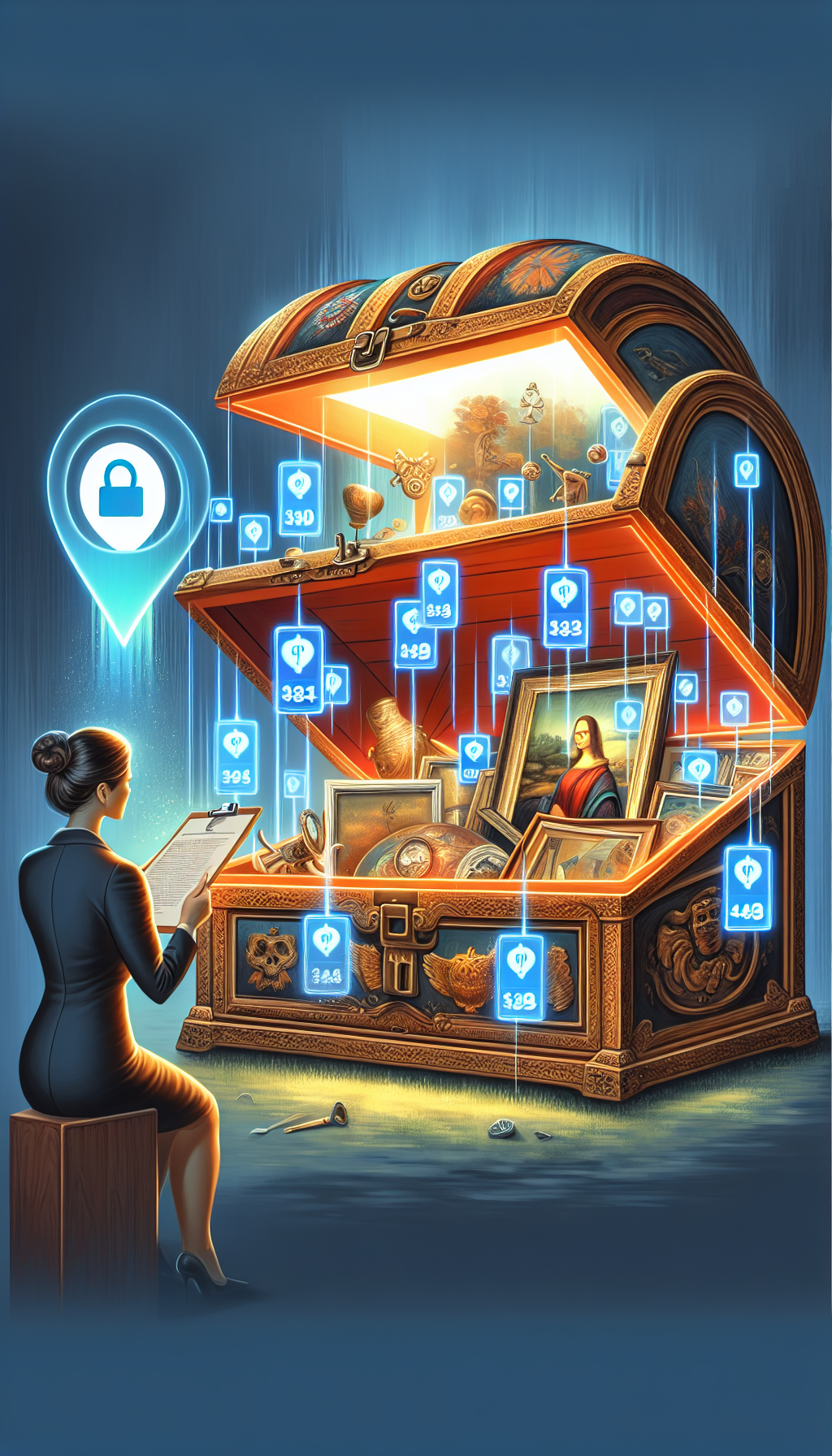 An illustration depicts an open, ornate treasure chest overflowing with classic and contemporary art pieces, each tagged with glowing digital price tags. A protective glass shield, symbolizing insurance, envelopes the chest. Peering through a magnifying glass that doubles as a location pin is an appraiser with a discerning eye, emphasizing the proximity and necessity of expert art appraisal.