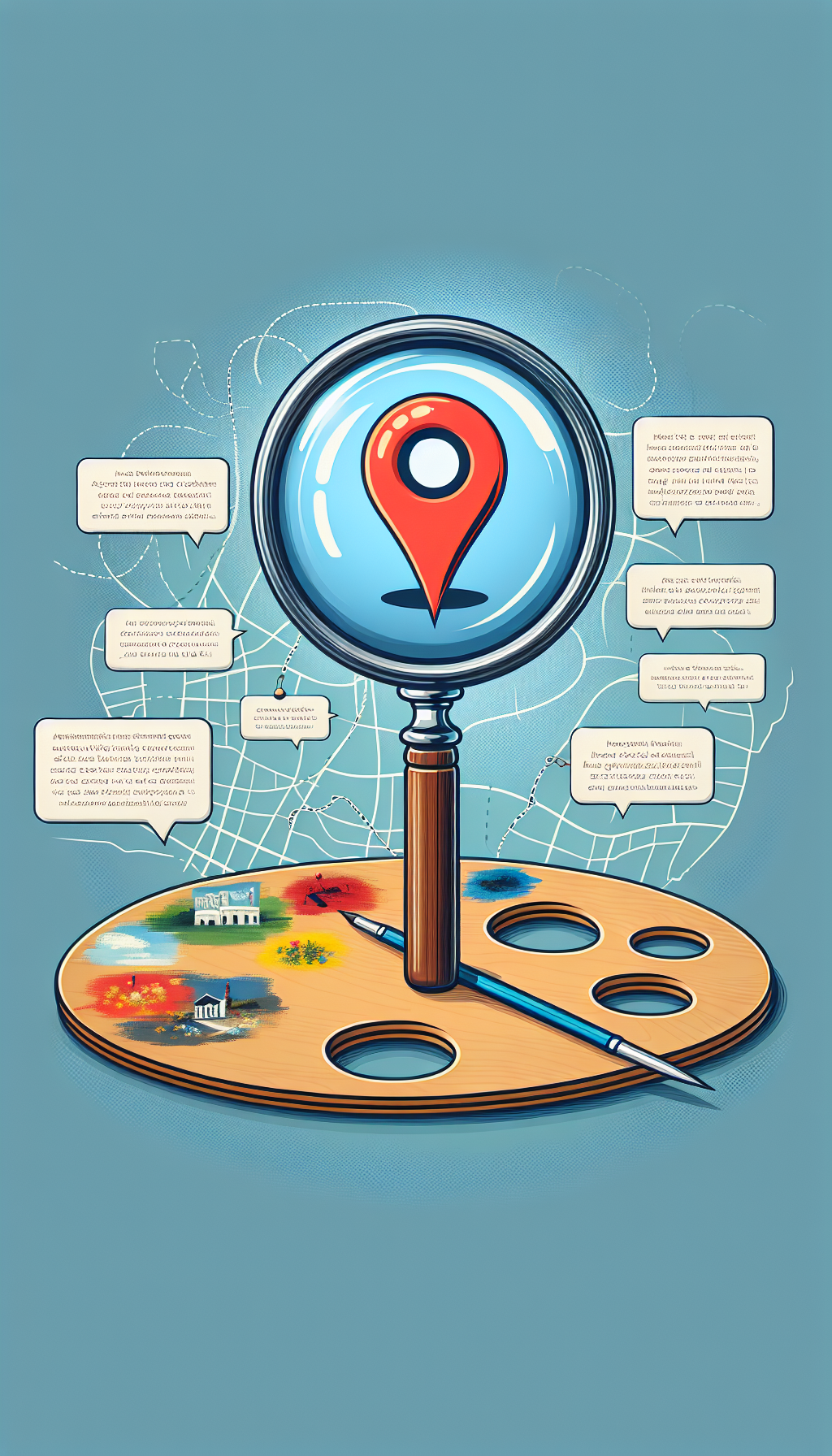 An illustration showing a magnifying glass looming over a palette, with a map pinpoint icon merging into the glass handle, symbolizing the local aspect of 'artwork appraisal near me.' On the palette, small classic artworks replace the typical paint blobs, each connected to text bubbles with concise appraisal tips, suggesting the journey from novice interest to expert understanding in preparation for an appraisal.