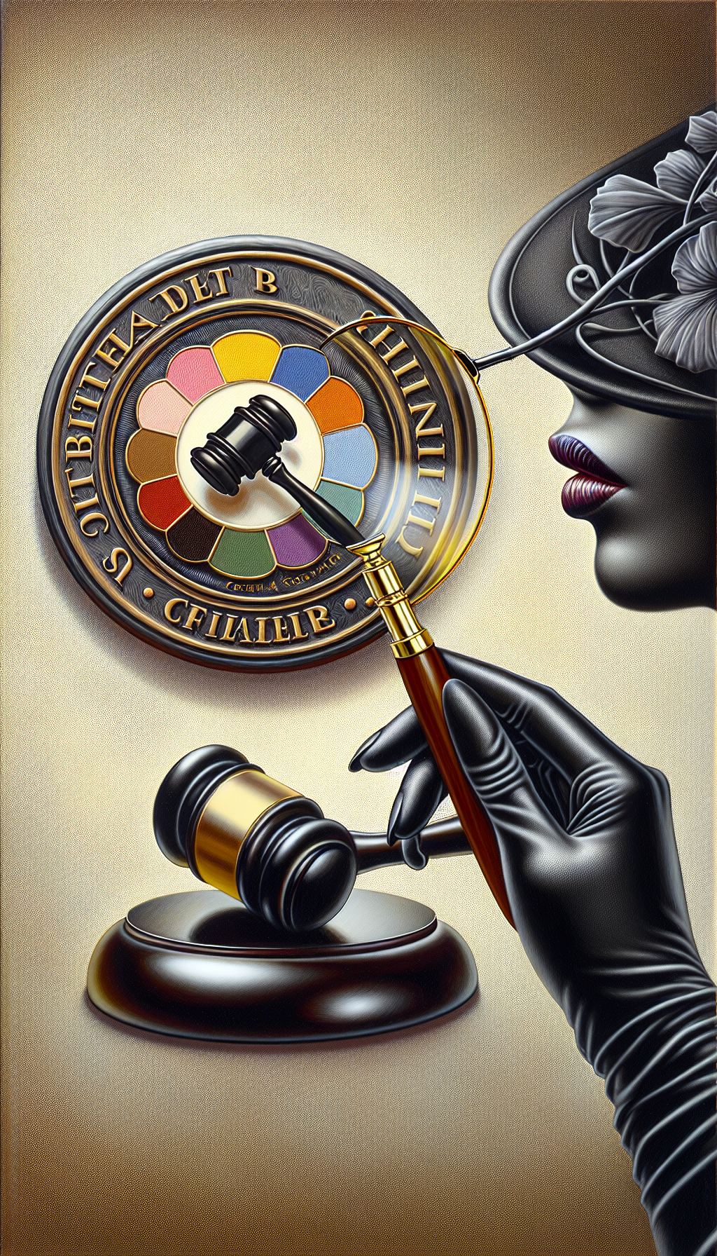 An illustration featuring a magnifying glass held by an elegantly gloved hand (representing scrutiny and professionalism) examining a vibrant, textured certification seal emblazoned with a palette and gavel. In the background, a map pin drops onto a nearby gallery, inscribed with "Certified Appraiser Here." Styles range from hyper-realistic detail on the seal to impressionistic strokes on the background elements.