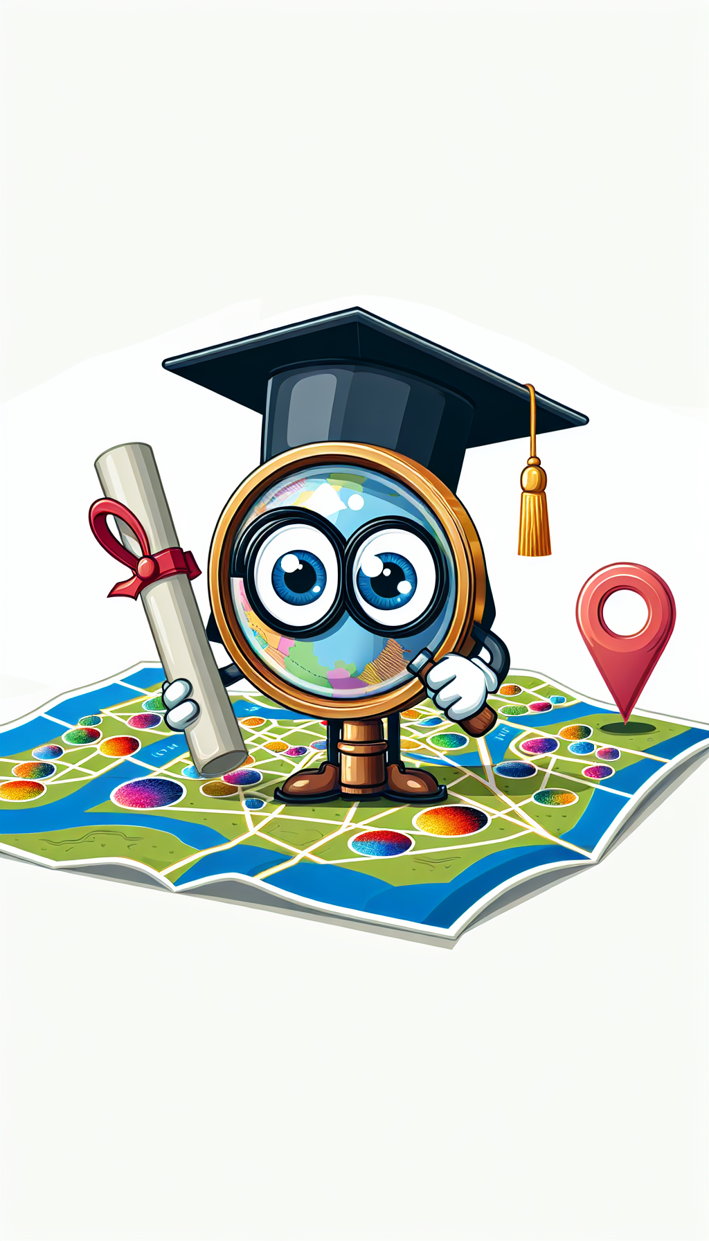A whimsical illustration showing a personification of a magnifying glass wearing a graduation cap and holding a diploma, scanning over a map dotted with colorful art palette landmarks. Each palette represents a certified art appraiser's location, with a "near me" pin shining prominently close to the magnifying glass's base, highlighting the closest and most trusted appraiser.