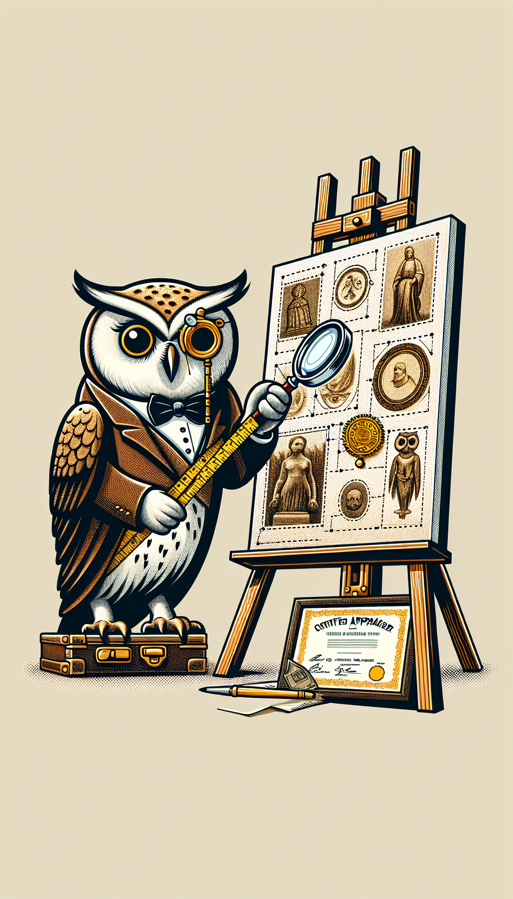 A meticulous owl, adorned with a monocle and a measuring tape, peruses a canvas on an easel that displays dotted outlines of famous art pieces. Above, a magnifying glass highlights the details, with a diploma and a golden seal that reads "Certified Appraiser Near You" shown prominently in the owl's wing, symbolizing precision, expertise, and accessibility in art valuation.