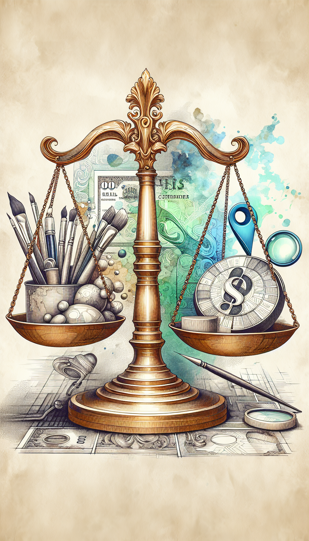 An intricate balance scale, with one side depicting iconic art symbols (a palette, brush, and canvas) weighed against a golden certificate embossed with "Certified Appraiser" on the other. A magnifying glass looms above, pinpointing a location pin symbolizing "near me," against an abstract, currency-style backdrop to symbolize value. Each aspect melds in a collage of watercolor, line art, and photorealistic styles.