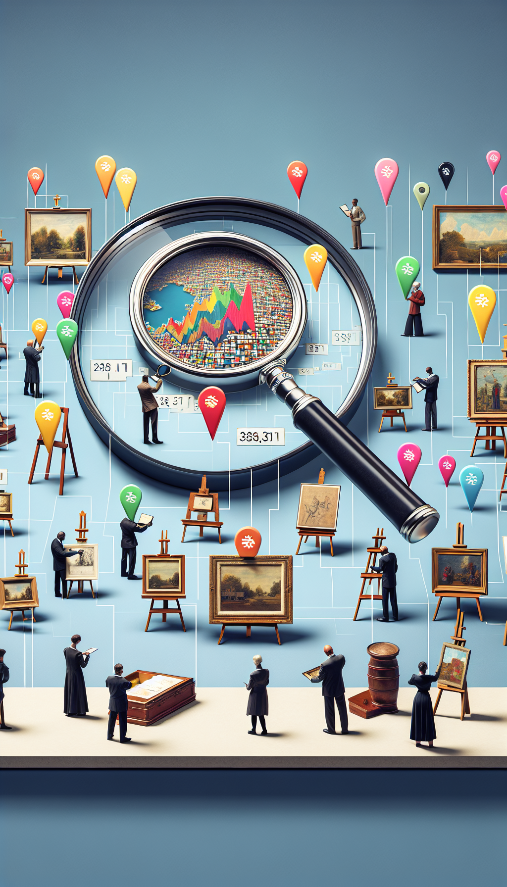 A magnifying glass hovers over a vibrant map, pinpointing an array of local art galleries and auction houses, each marked by a miniature easel or framed painting. Beneath the glass, values of artworks fluctuate like a stock ticker, while art experts with appraisal tools examine a masterpiece at the forefront, symbolizing the quest for nearby fine art valuation.