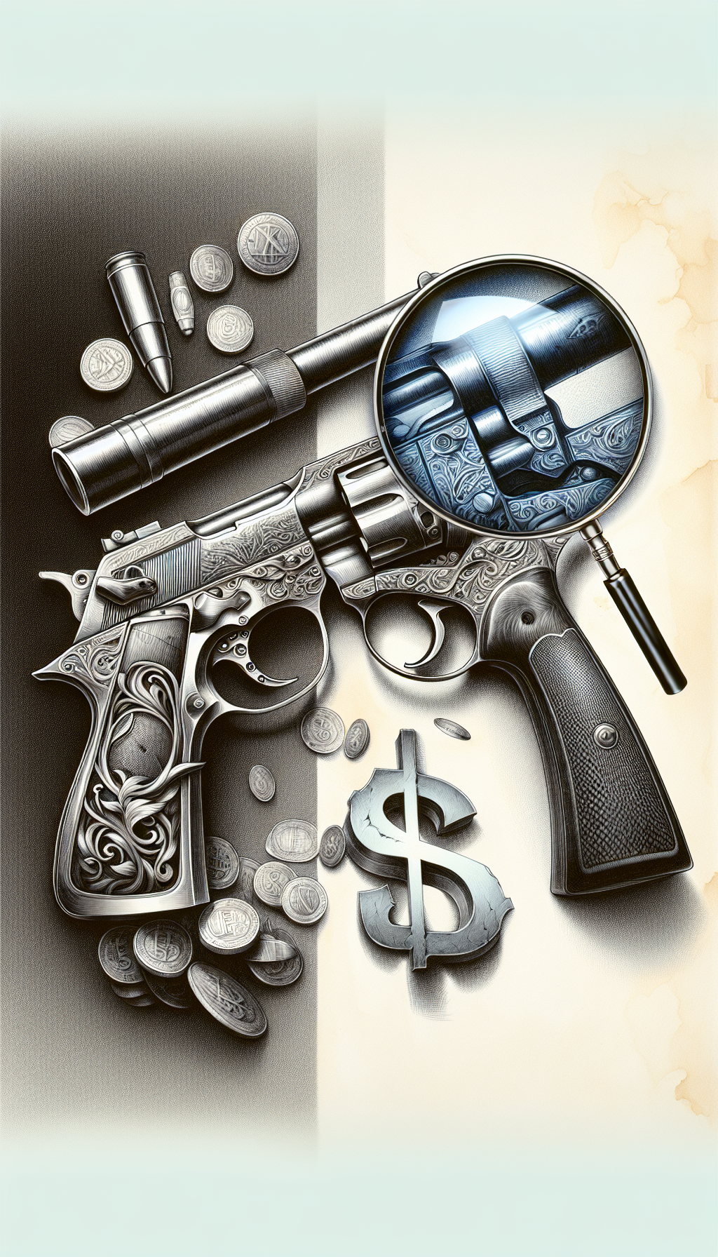 A juxtaposition of a pristine, ornate firearm with a weathered, scarred counterpart, side by side, under a magnifying glass that highlights the marks of aging and battle on the latter. The glass reveals the history and authenticity of the weapon, overlaying the image with floating dollar signs to signify its value, moving in style from photorealistic to sketch-like from left to right.