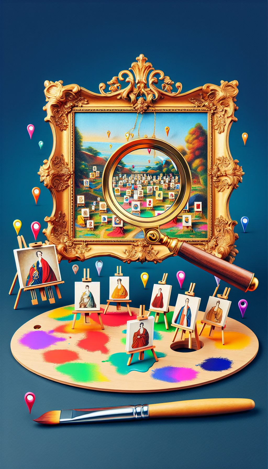 A whimsical magnifying glass framed by a gilded rococo-style frame peeks over a colorful map dotted with miniature easels representing appraisers. Each easel showcases a different classic artwork, hinting at diversity in expertise. Above, a painter's palette hovers, its paint splotches morphing into location pins, subtly echoing the theme of 'fine art appraisal near me.'