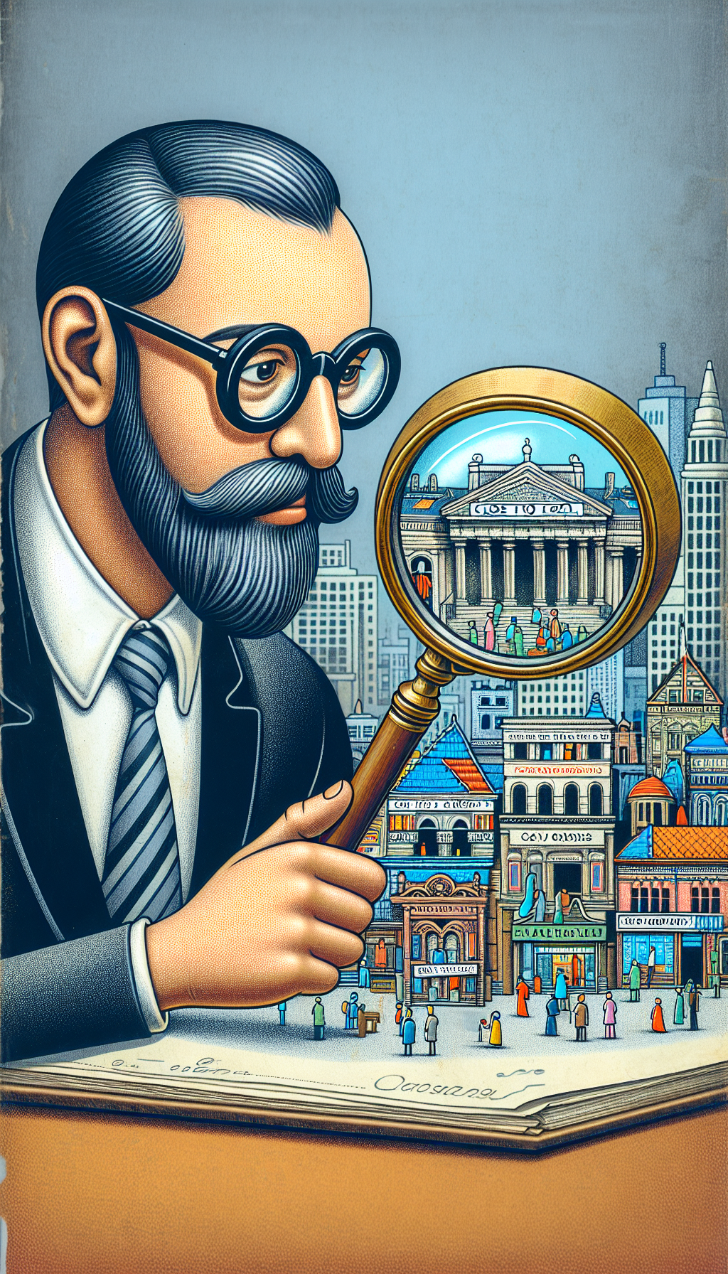 An expert appraiser gazes through a magnifying glass, which cleverly frames a vibrant, detailed miniature of a local cityscape, featuring prominent art galleries and appraisal offices dotting the streets. The magnified view symbolizes the in-depth analysis, while the city backdrop ensures the 'close to home' theme, using a patchwork of artistic styles from impressionist to modern within the cityscape to represent diverse art forms.