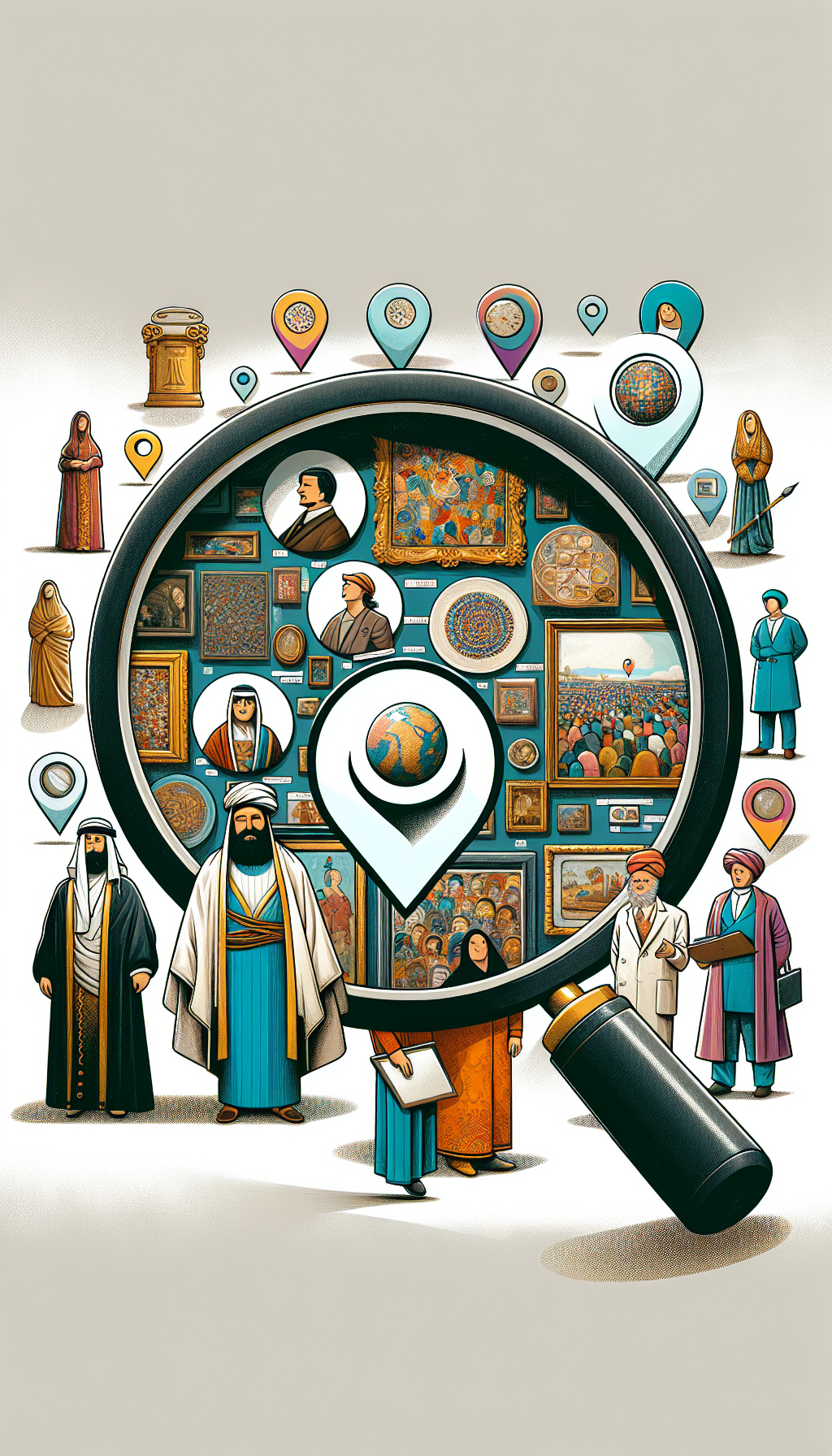 An illustration featuring a magnifying glass hovering over a vibrant patchwork of paintings and sculptures, with diverse, miniature expert figures examining them. Each expert wears traditional attire from different regions, emphasizing their global expertise, while a location pin above the artwork anchors the 'near me' concept. The image employs an eclectic mix of styles, from impressionist to modern, symbolizing the diversity of art appraised.