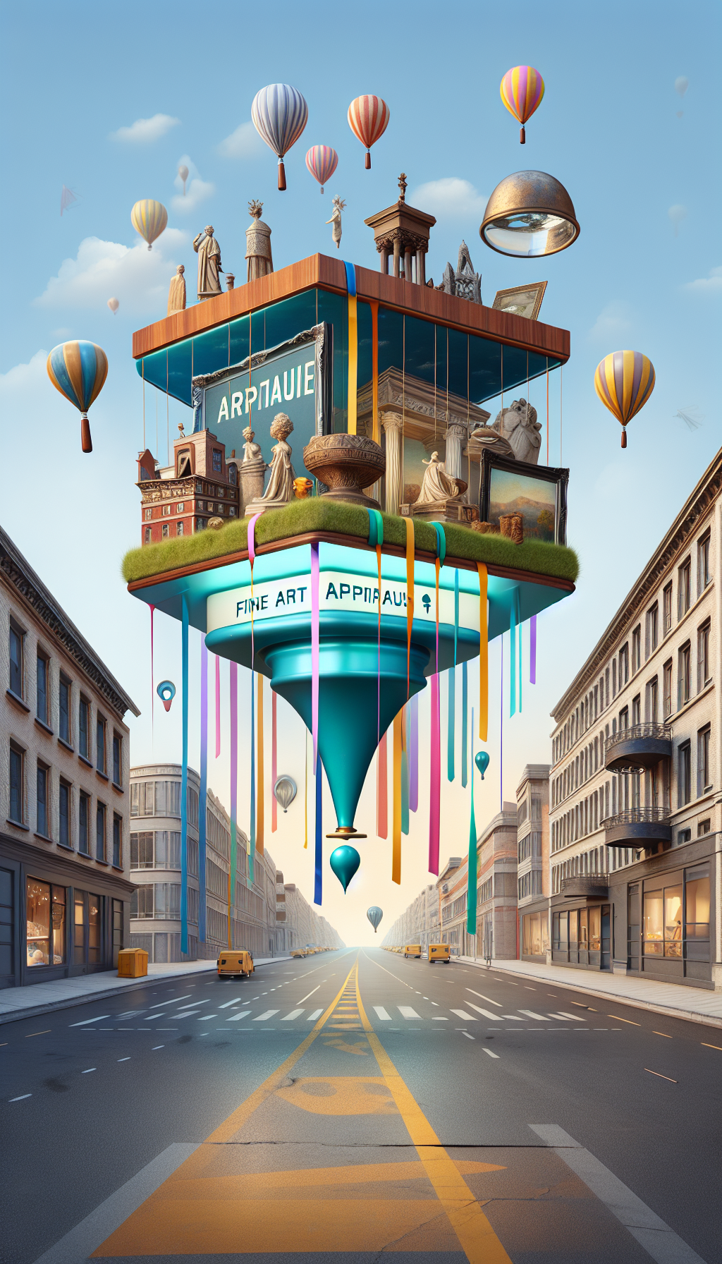 A whimsical image depicts an elevated urban corner street scene with a boutique appraisal store floating in the air, tethered by ribbons to nearby buildings. Fine art pieces like paintings and sculptures peek out of the windows, each with a glowing price tag. A magnifying glass superimposed on a map pin is visible above the store, symbolizing 'fine art appraisal near me'.