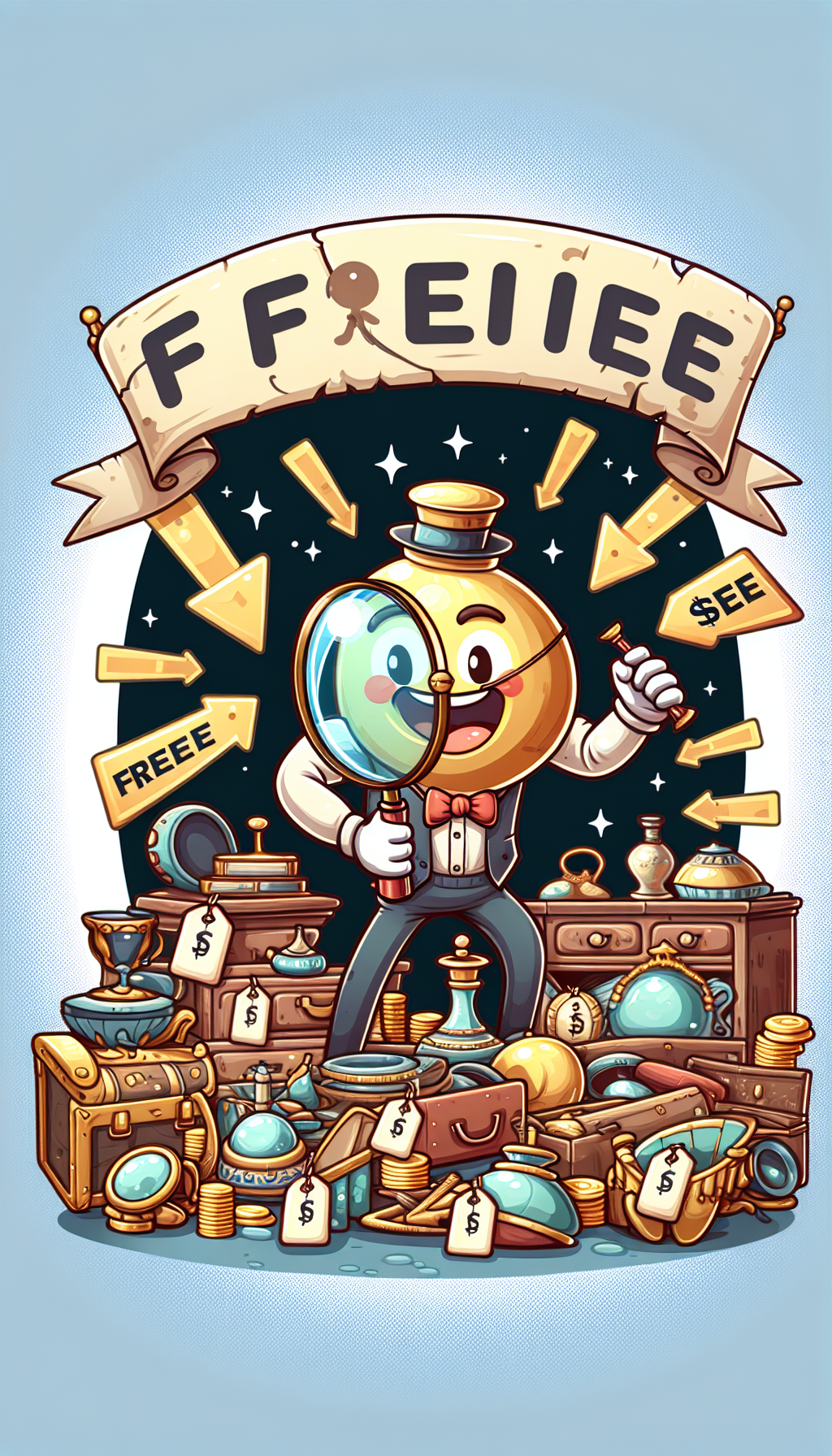 An illustration of a delighted character holding a magnifying glass, scrutinizing a vintage, treasure-laden attic, with items glowing slightly to signify their value. Above the scene, a whimsical banner flutters with the word "FREE" and arrows pointing towards a queue of antiques. Each antique has a price tag reading "$0" to highlight the free appraisal concept.