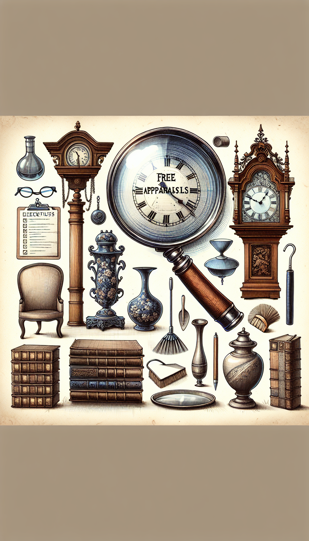 An illustration featuring a whimsical vintage magnifying glass hovering over a collage of antiques, such as a grandfather clock, an ornate vase, and a stack of ancient books. The clock face shows the phrase "Free Appraisals," while subtle checklists and cleaning tools rest in the background, suggesting the antiques are being prepped for examination. Styles range from line art for the tools to watercolor for the antiques.