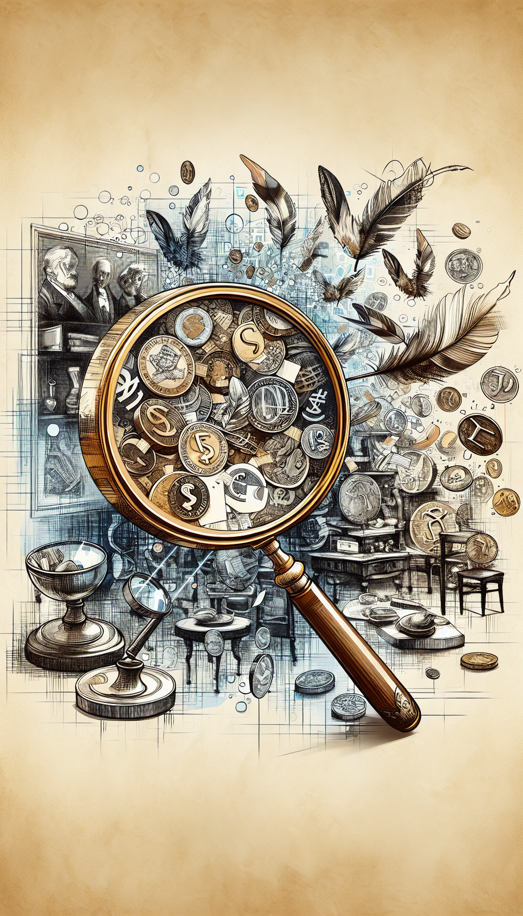 An illustration of an old-fashioned magnifying glass revealing the hidden price tags of various antiques arrayed beneath. Around the magnifying glass, iconic symbols of currency morph into feathers, symbolizing the lightness of free appraisals. The image oscillates between finely detailed ink lines for the antiques and a loose watercolor style for the transformative currency, enhancing the blend of precision and ease.