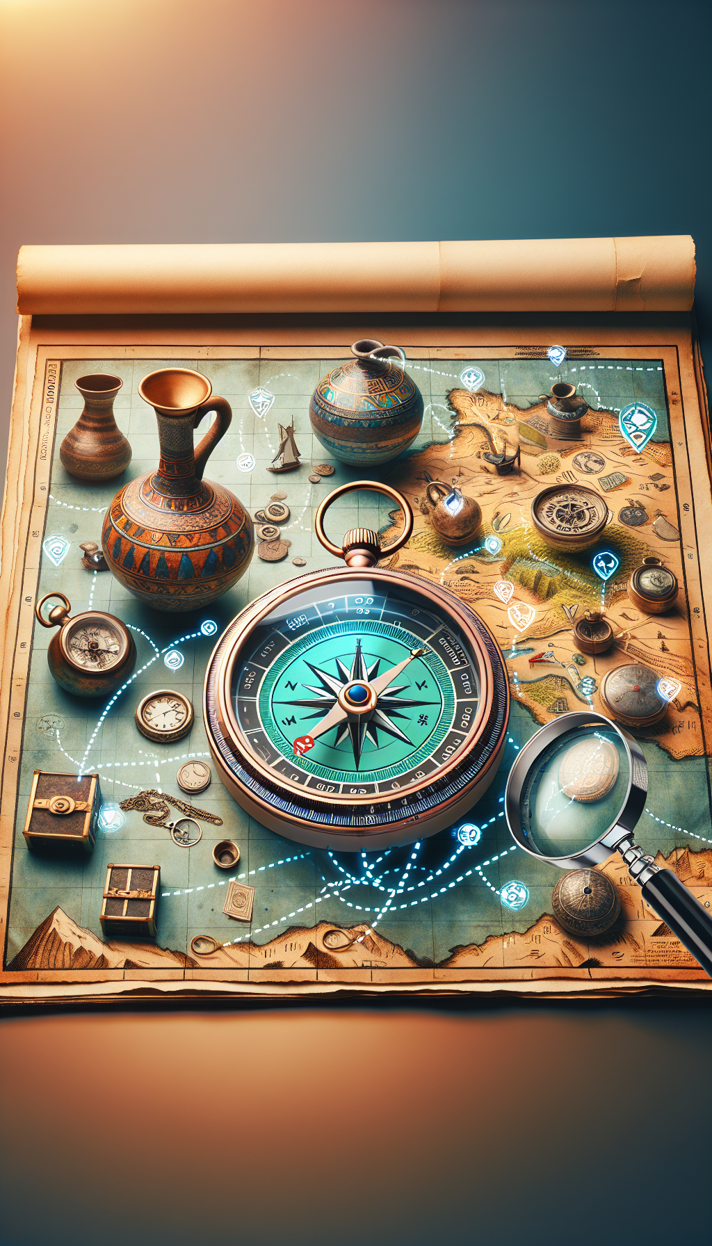 A digital compass overlaid on a classic treasure map unfurling across a desktop, with landmarks depicting major free appraisal platforms. Antique items like vases and watches glow with valuation figures while dotted paths lead to 'tips' and 'tricks' treasure chests. A magnifying glass highlighting 'reliable results' completes the navigational theme of antique exploration in the online appraisal sea.