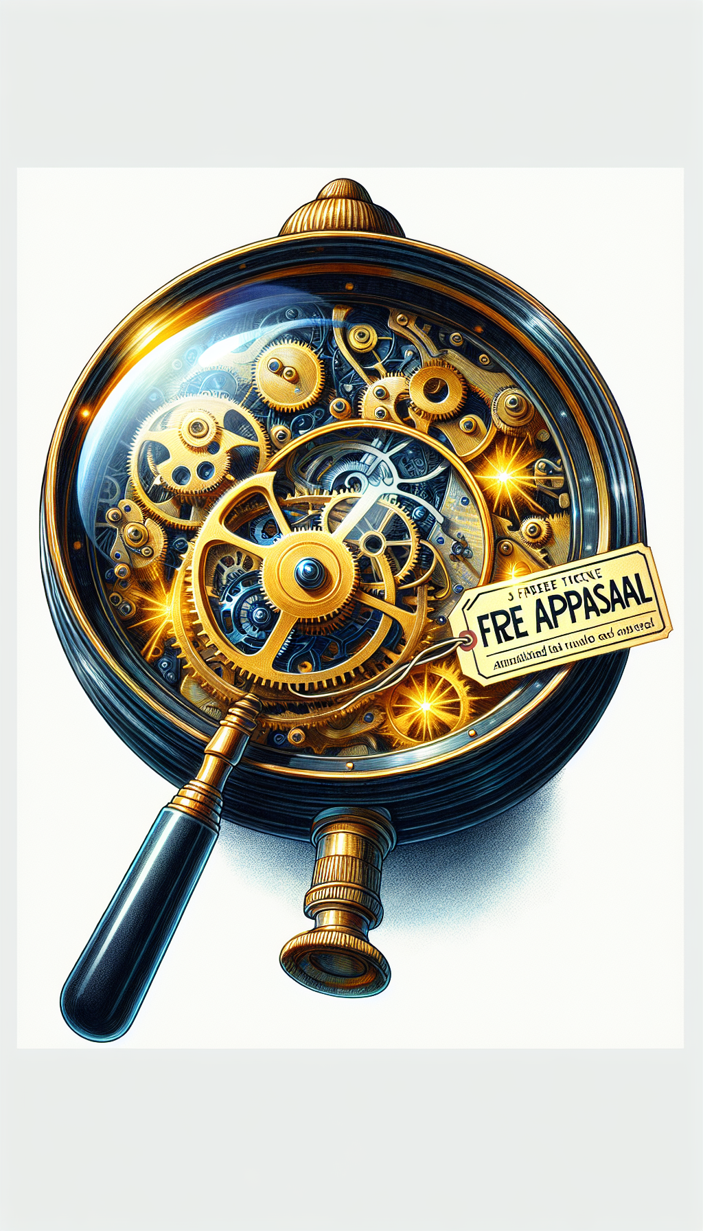 An illustration depicts a magnifying glass hovering over a gleaming, well-oiled antique clock, revealing its intricate gears in pristine condition, with a "Free Appraisal" golden ticket nestled within its workings, symbolizing the enhancement of value through meticulous care. The image blends a fine line style for the clock's mechanics with a radiant watercolor glow for the maintenance effect.